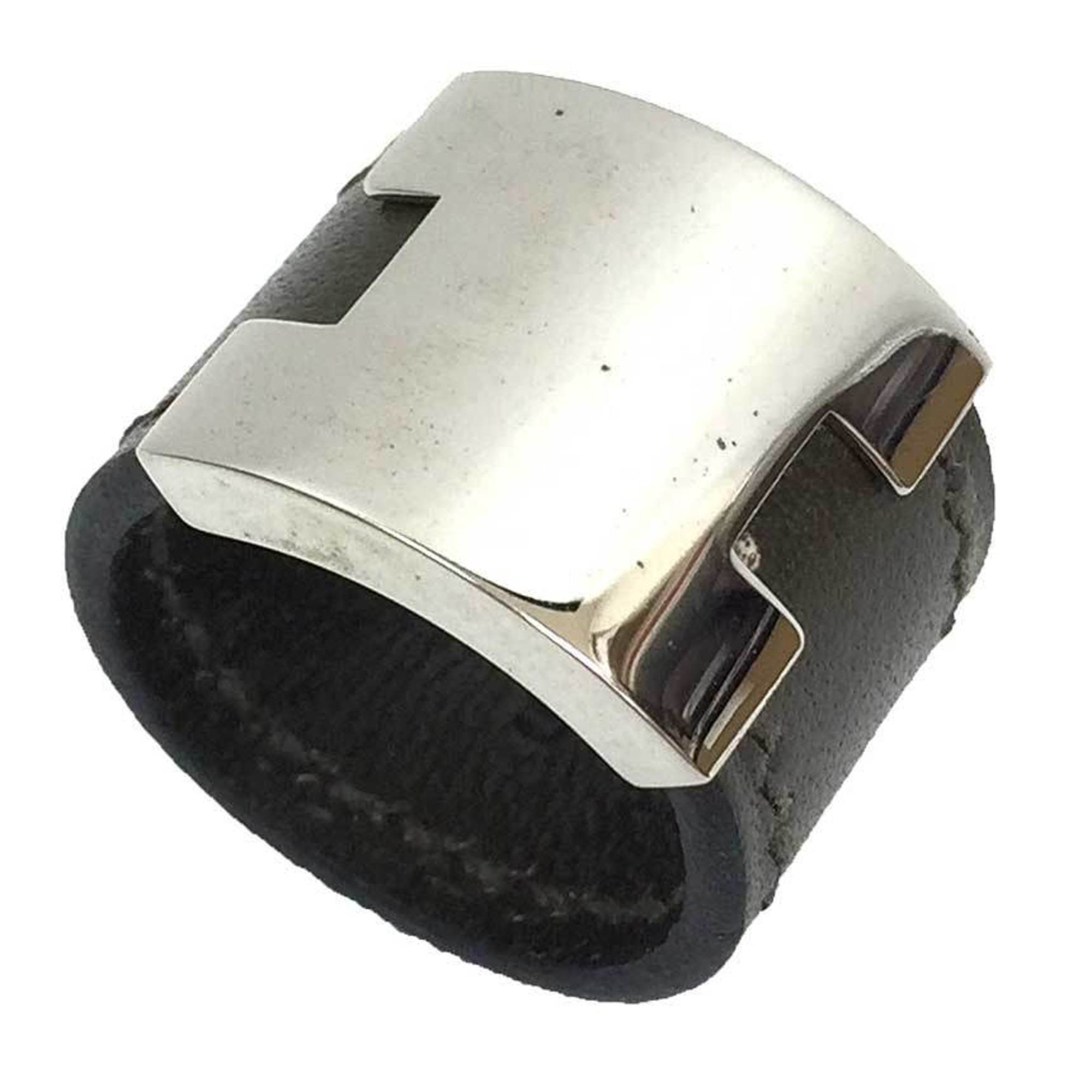 Hermes Khaki Silver Brass Leather Band Ring (Pre-Owned)