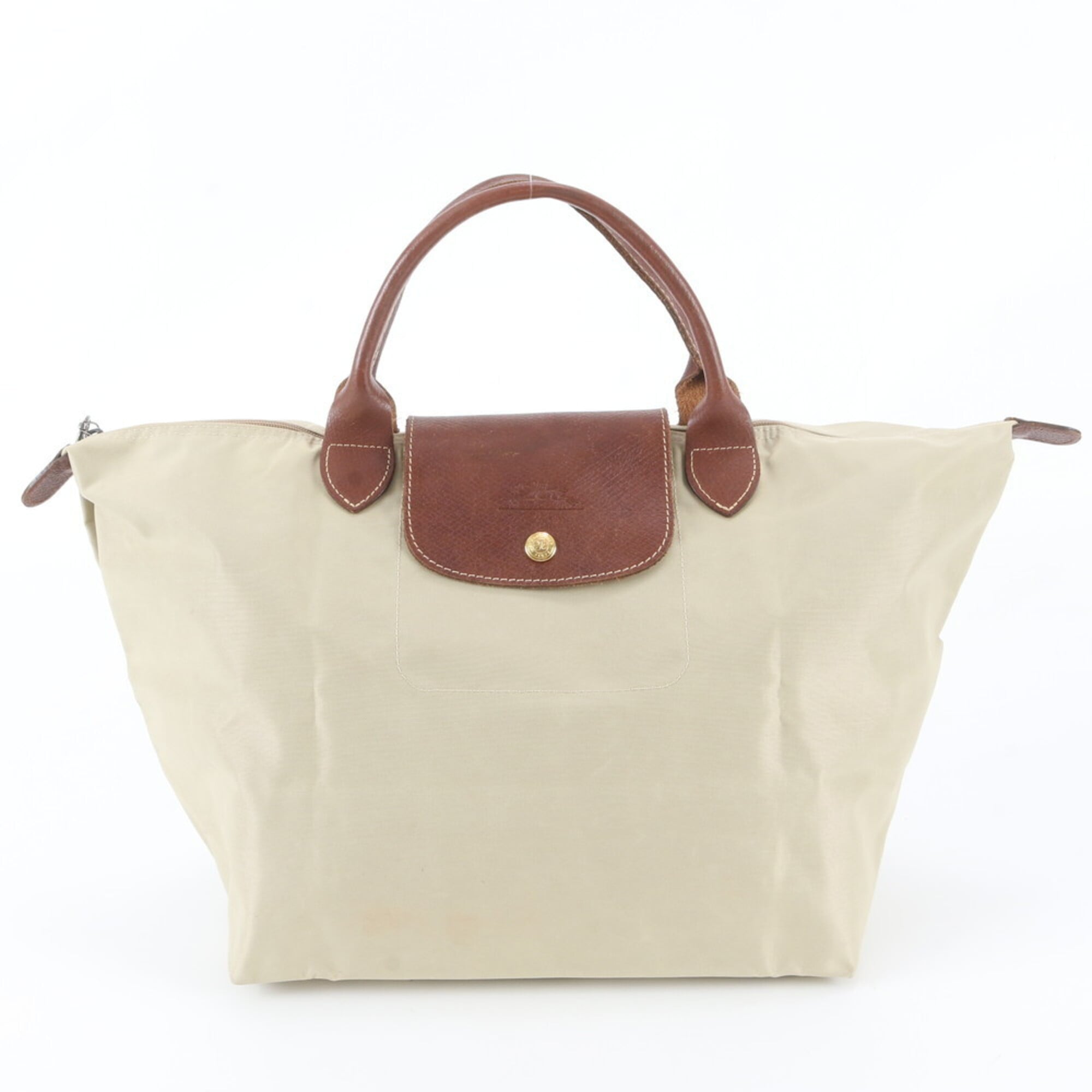 Longchamp Beige Brown Leather Nylon Handbag Shoulder Bag Tote Bag (Pre-Owned)