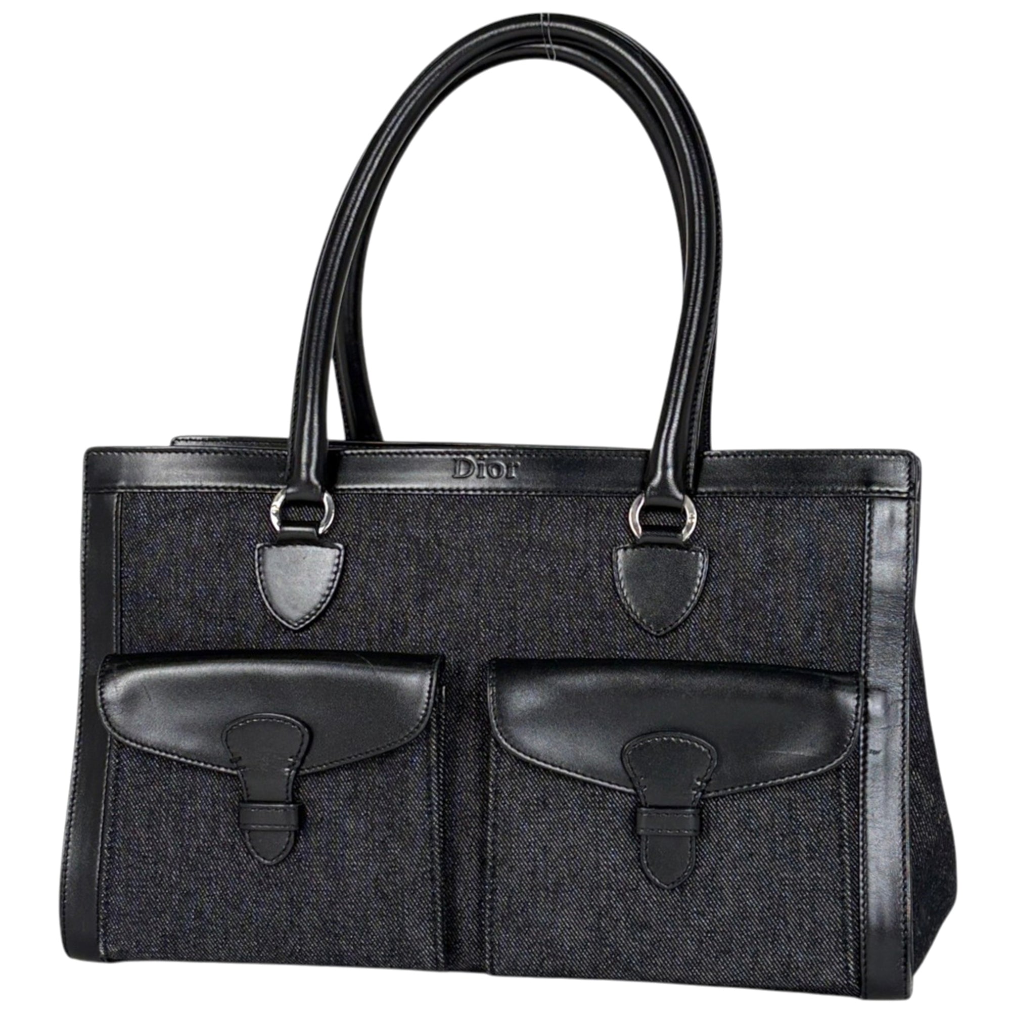 Christian Dior Black Denim Leather Handbag Tote Bag (Pre-Owned)