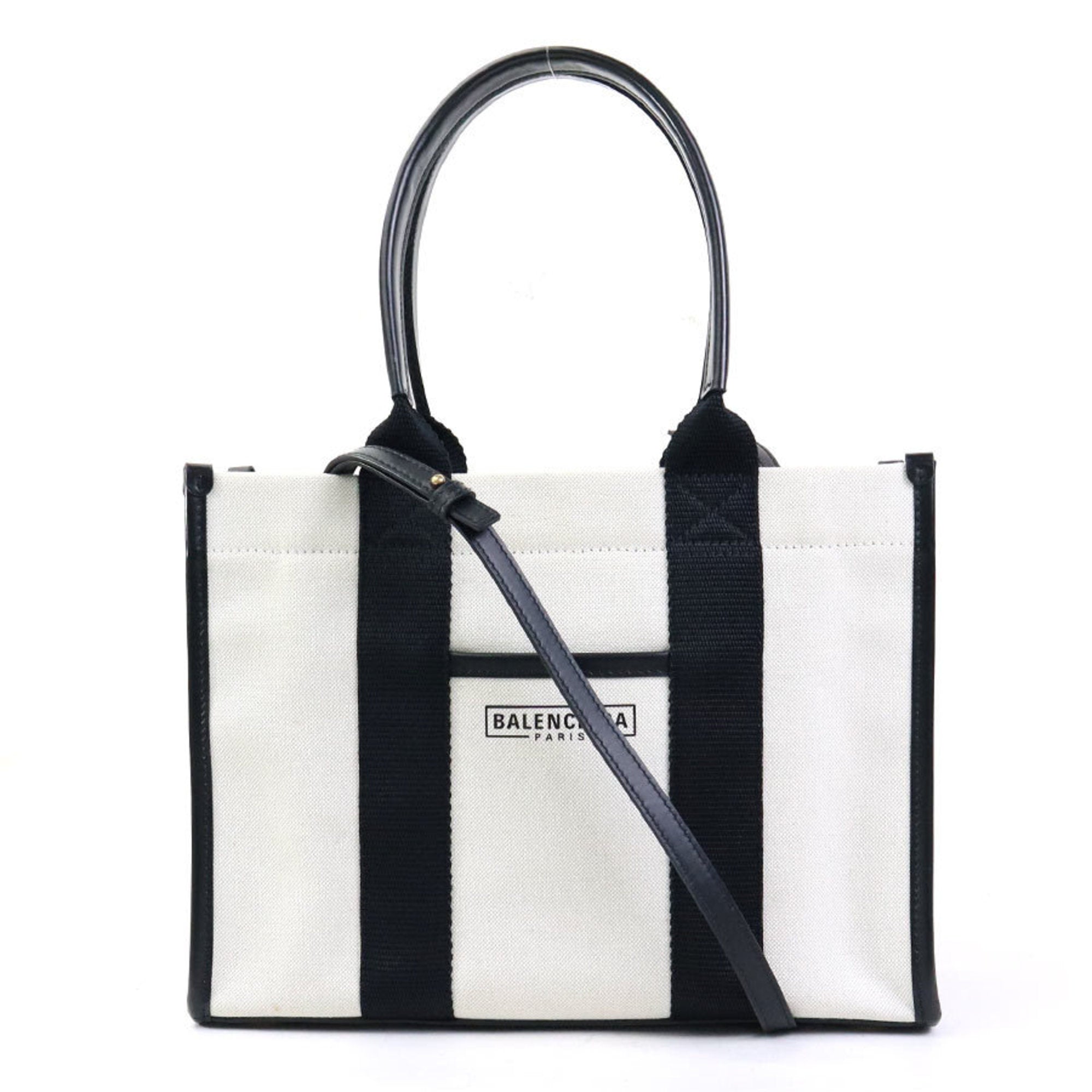 Balenciaga Black Ivory Canvas Leather Handbag Shoulder Bag (Pre-Owned)