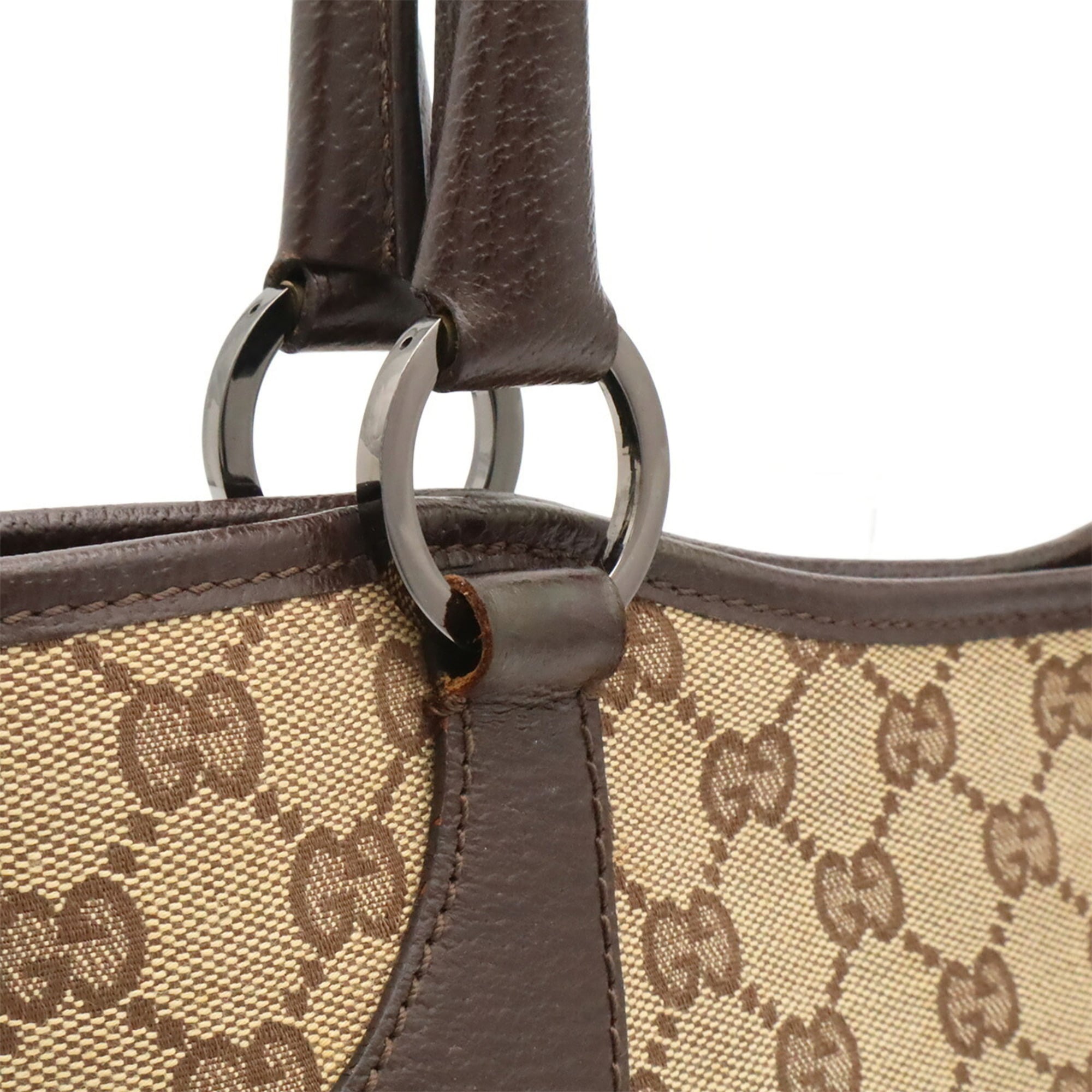 Gucci Gg Canvas Beige Dark Brown Gg Canvas Leather Shoulder Bag Tote Bag (Pre-Owned)