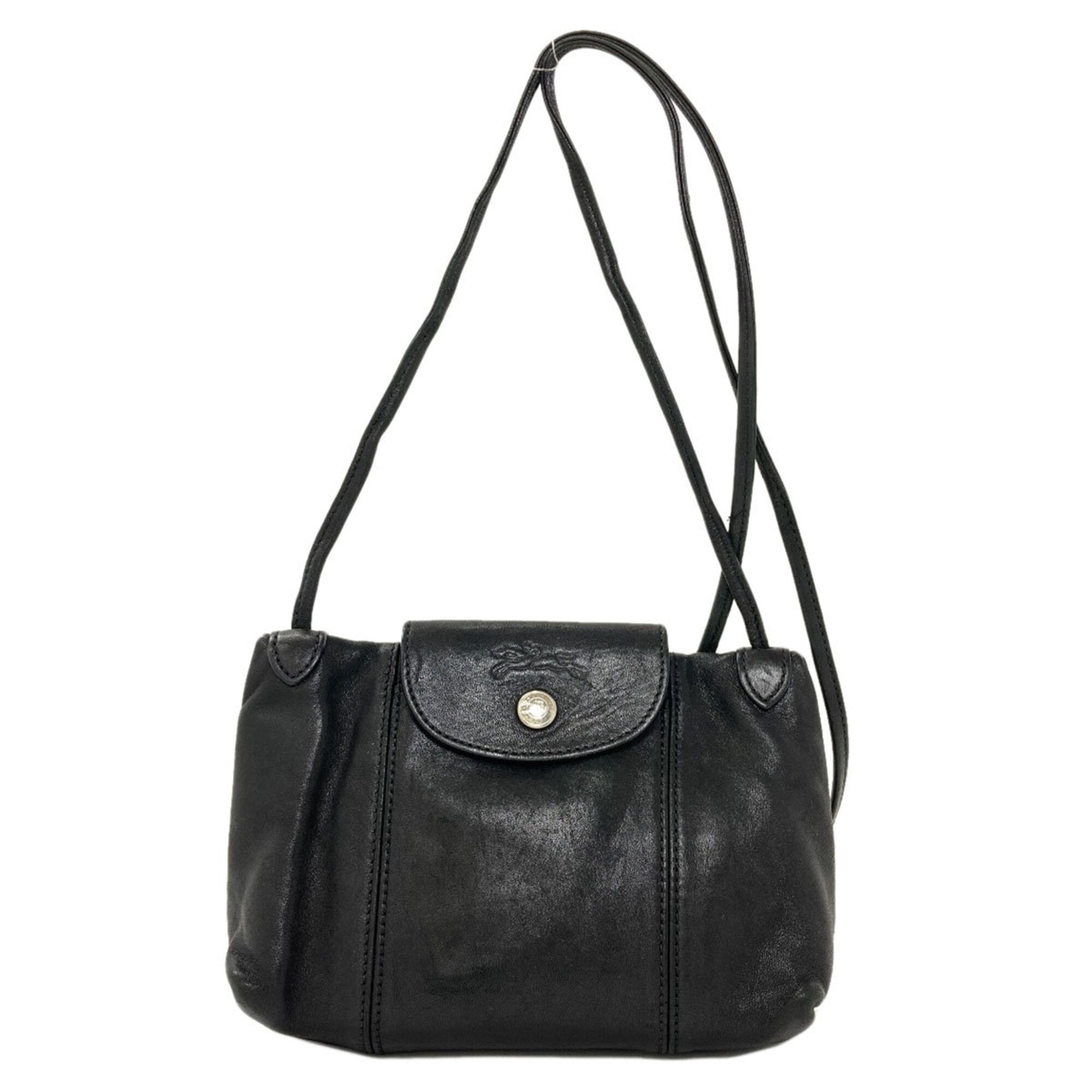 Longchamp Le Pliage Black Leather Shoulder Bag (Pre-Owned)