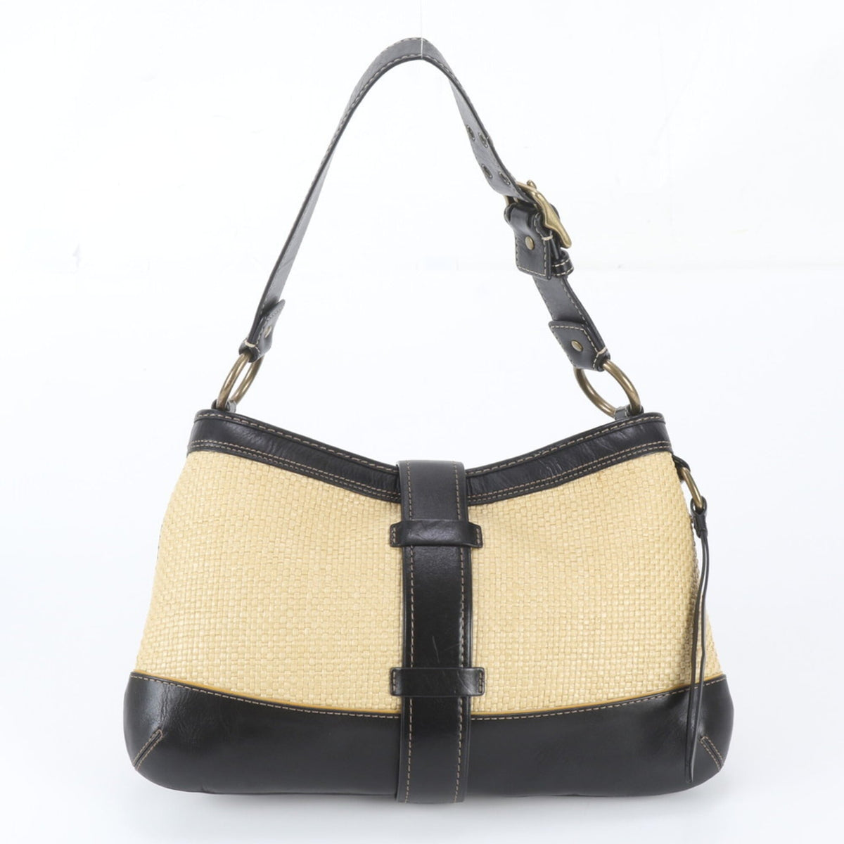 Coach Beige Black Leather Handbag Shoulder Bag Tote Bag (Pre-Owned)