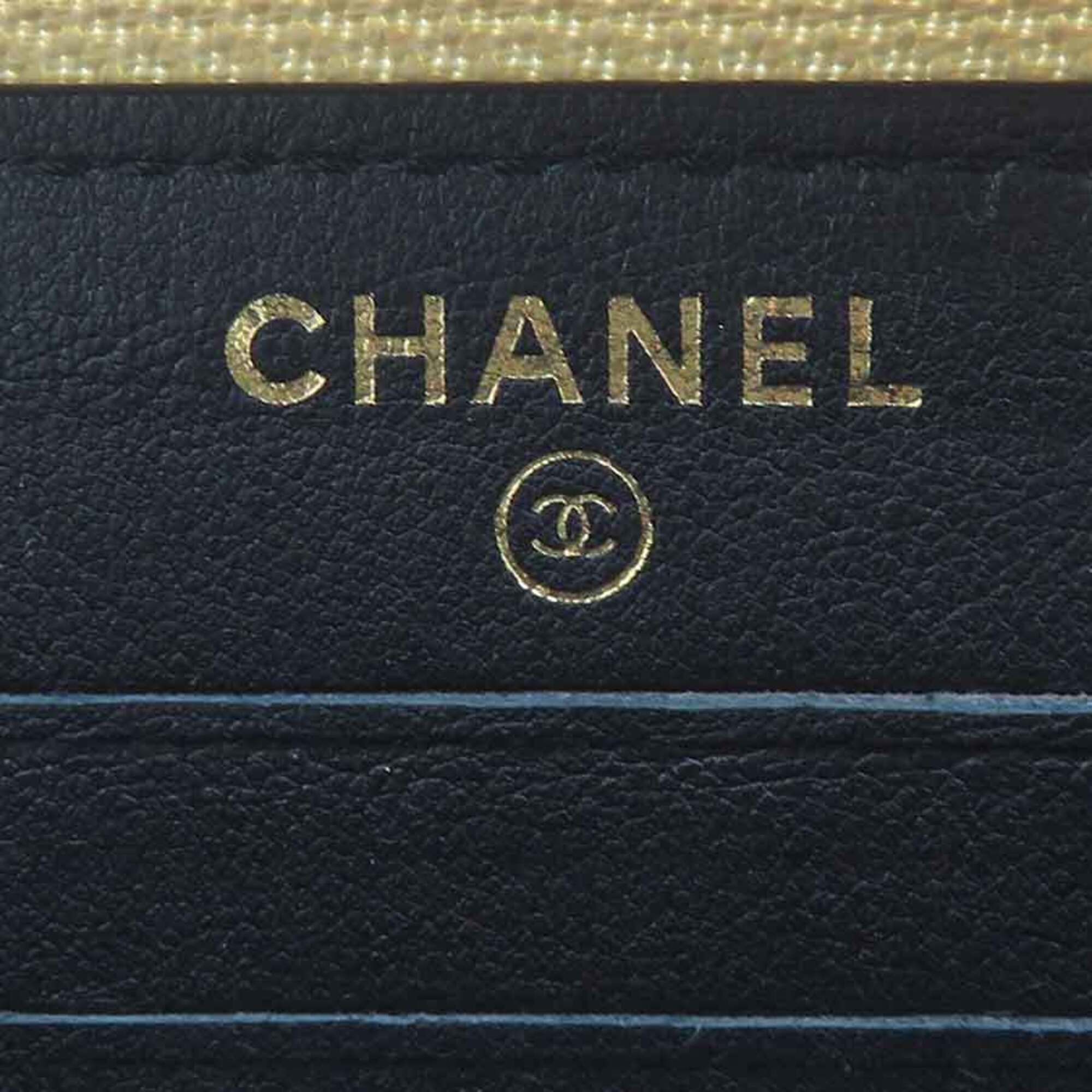 Chanel Gold Black Leather Long Wallet (Bi-Fold) (Pre-Owned)