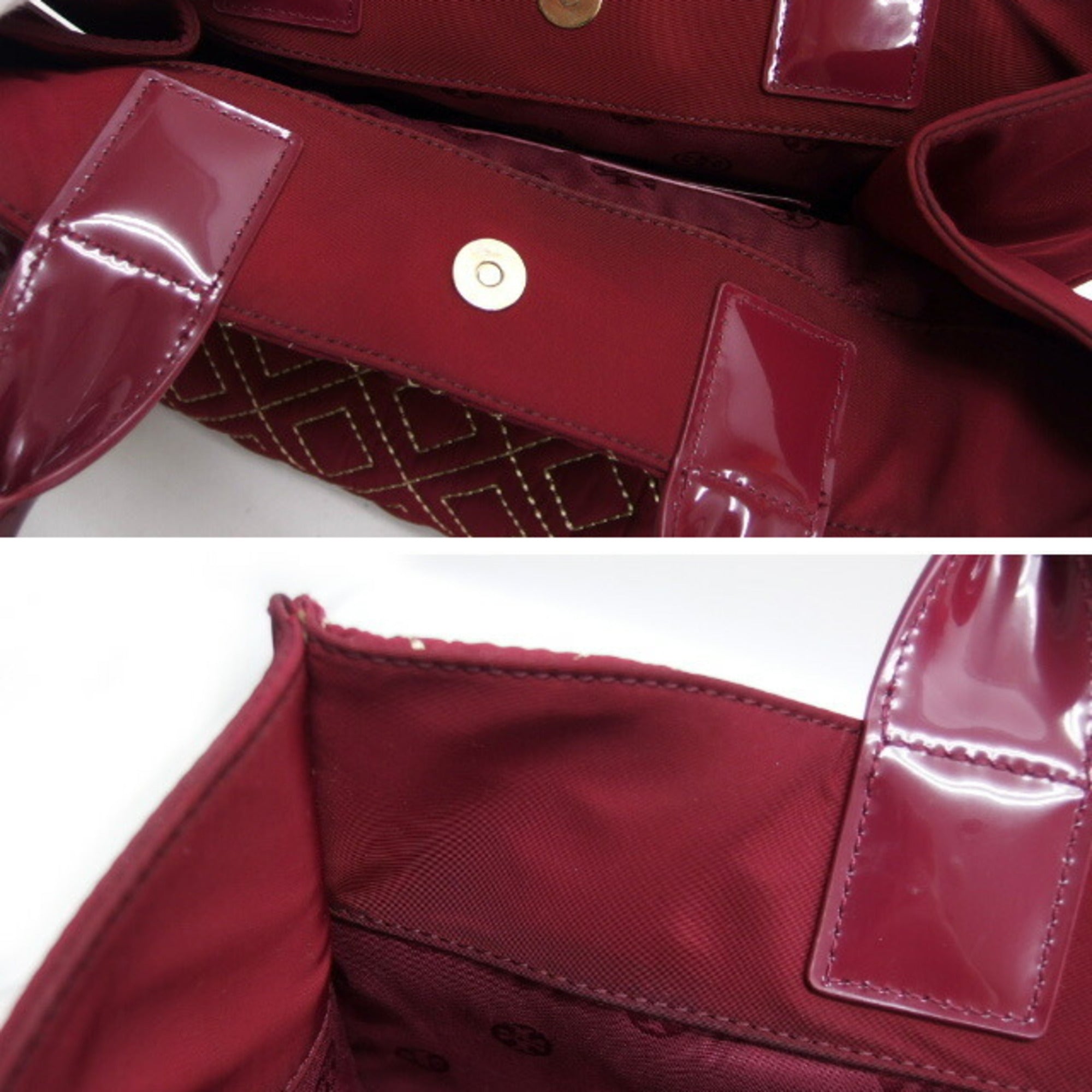 Tory Burch Bordeaux Red Color Nylon Patent Leather Leather Shoulder Bag Tote Bag (Pre-Owned)