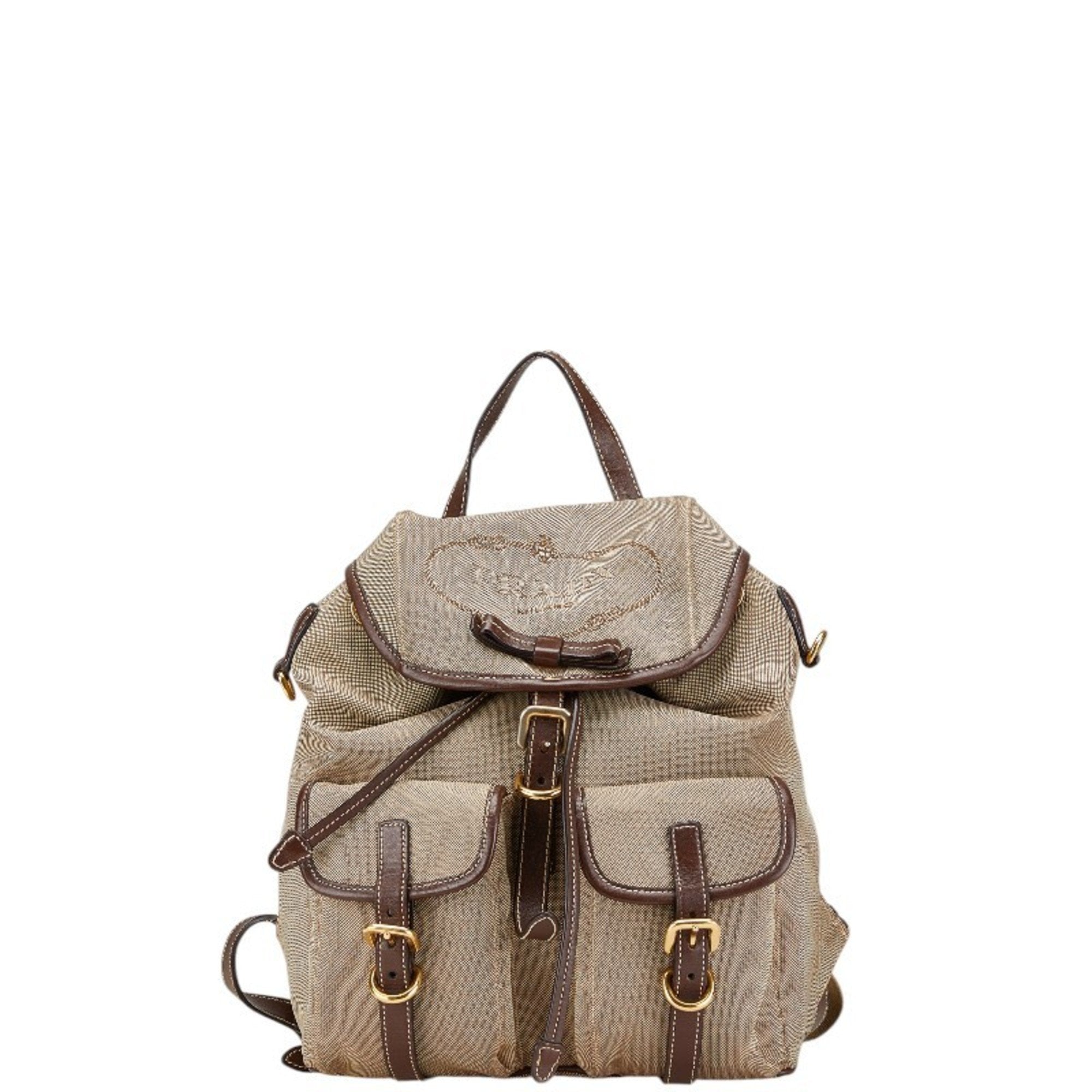 Prada Beige Brown Canvas Leather Backpack (Pre-Owned)
