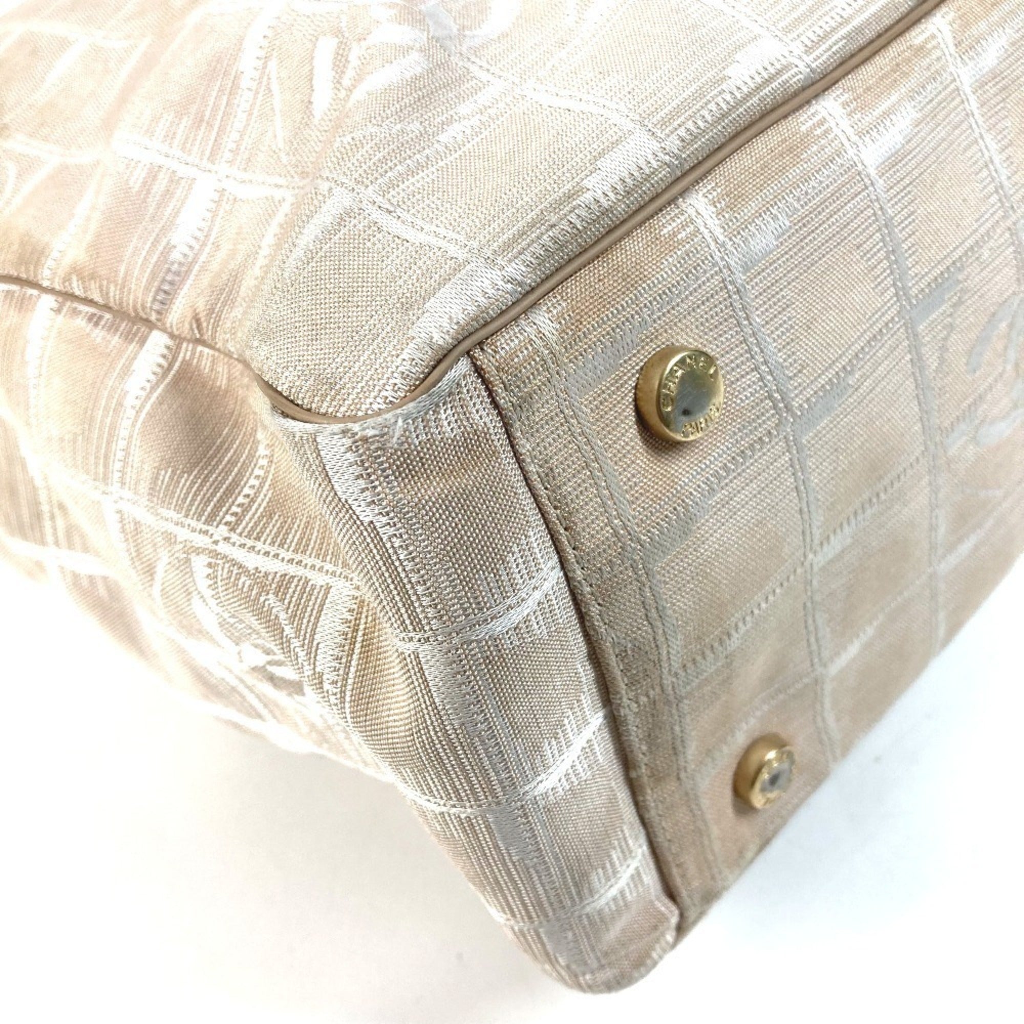 Chanel Beige Nylon Leather Shoulder Bag Tote Bag (Pre-Owned)