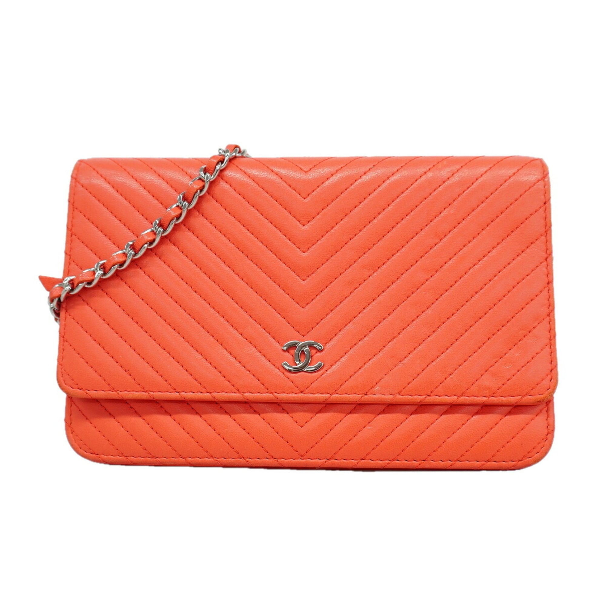 Chanel Orange Leather Chain/Shoulder Wallet (Pre-Owned)