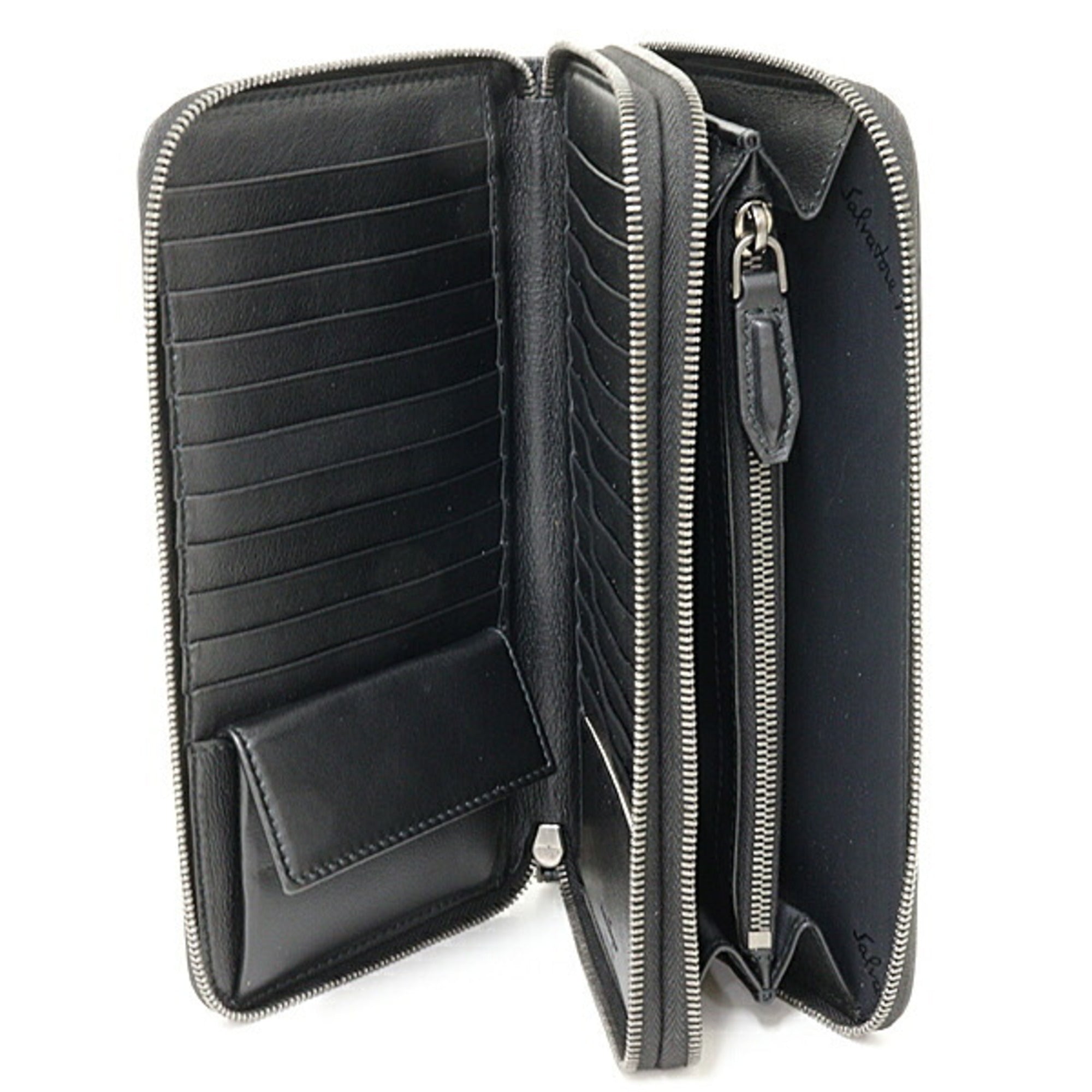Salvatore Ferragamo Black Gray Leather Long Wallet (Bi-Fold) (Pre-Owned)