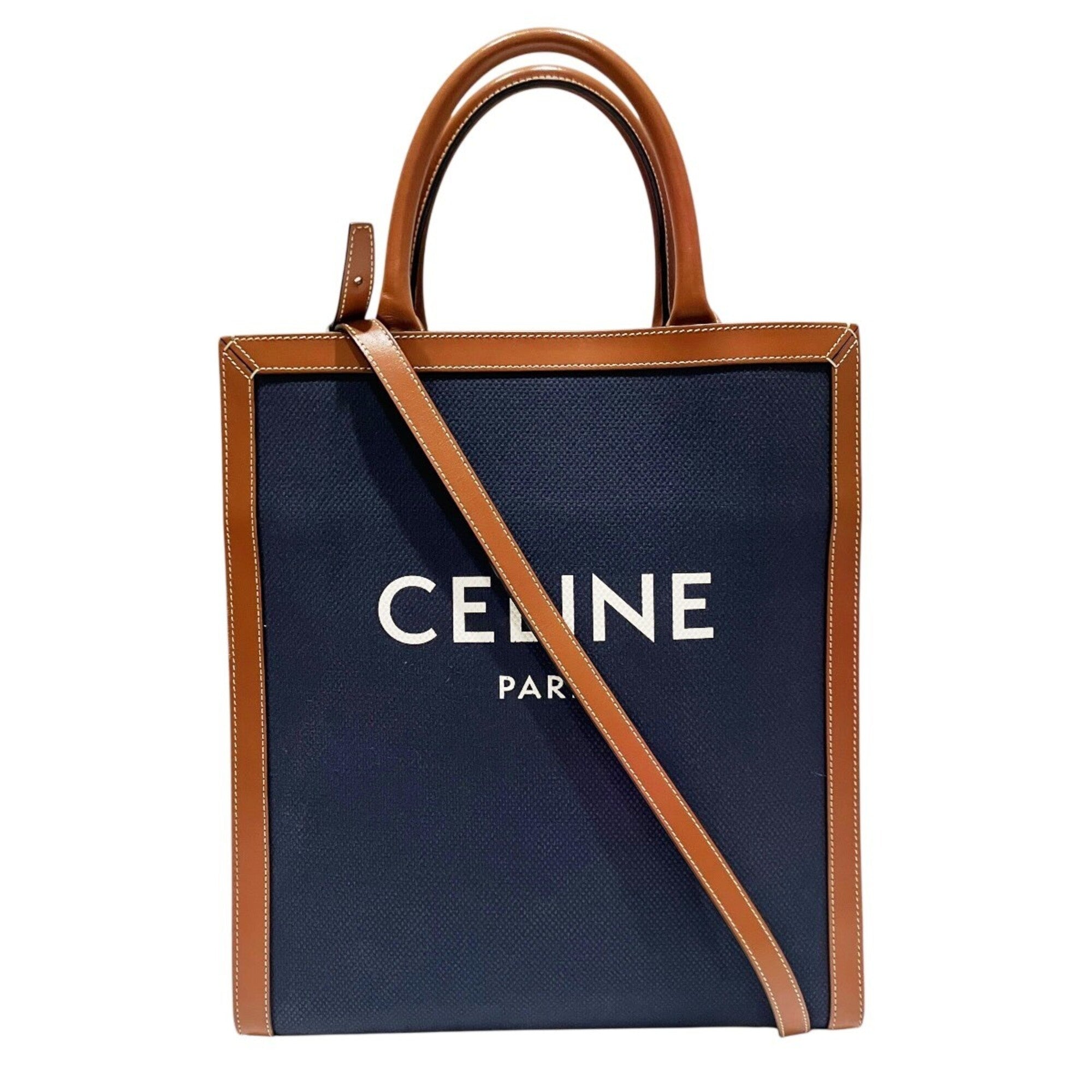 Celine Brown Navy Canvas Leather Tote Bag (Pre-Owned)
