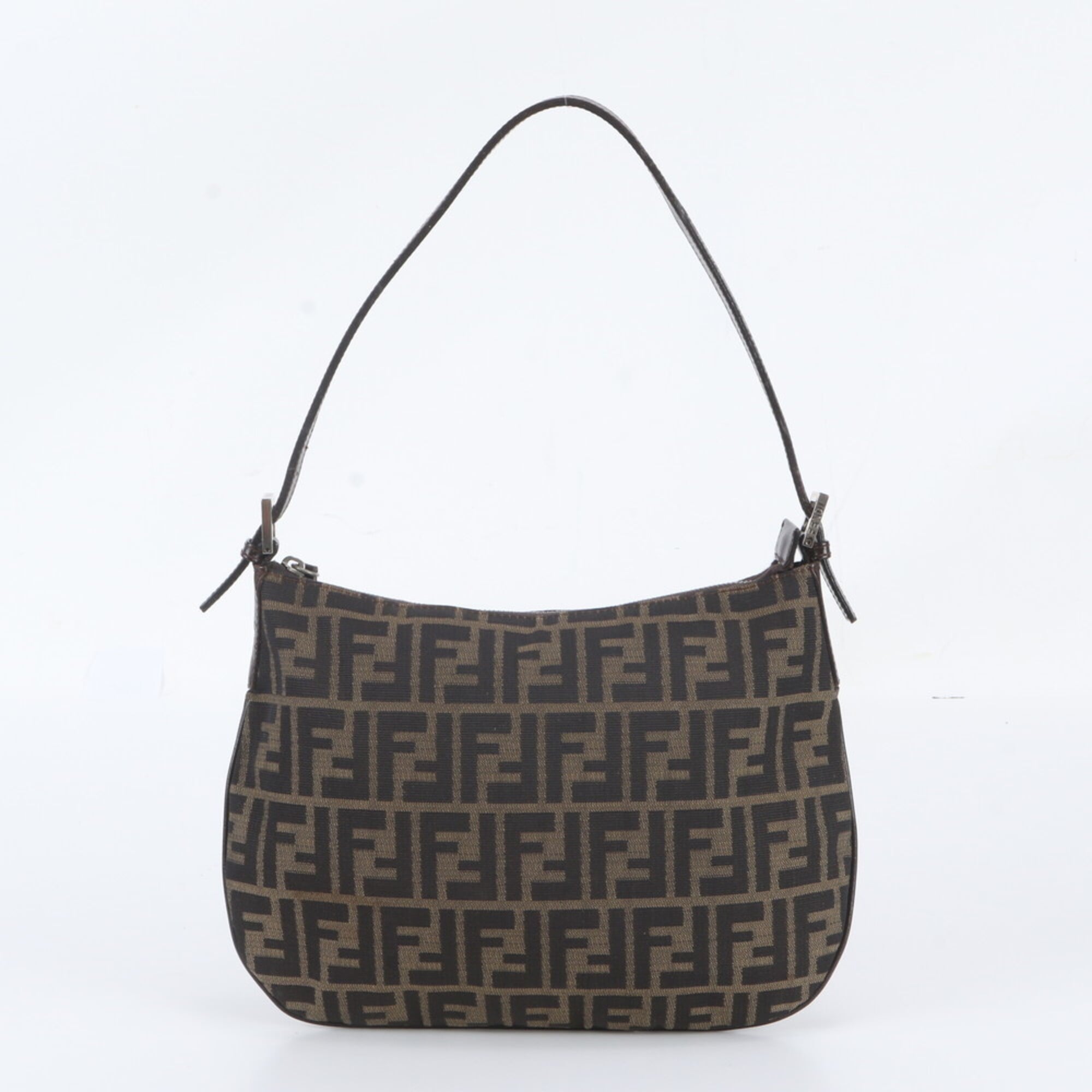 Fendi Brown Leather Canvas Handbag Shoulder Bag Tote Bag (Pre-Owned)