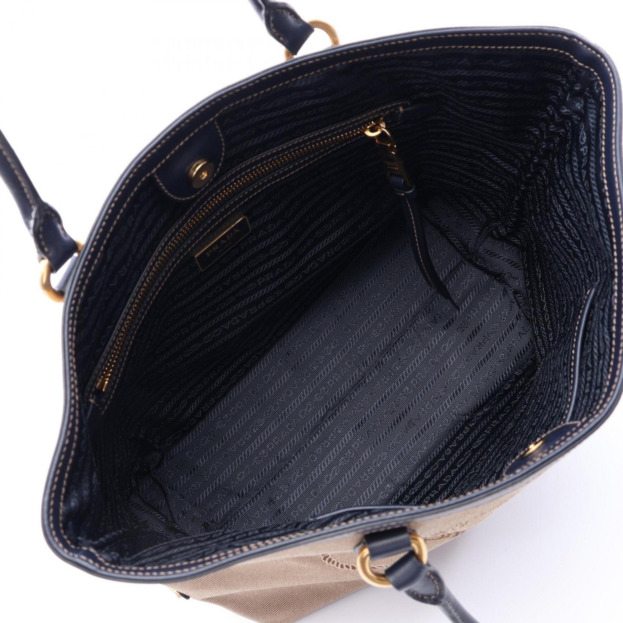 Prada Beige Navy Canvas Leather Handbag Tote Bag (Pre-Owned)