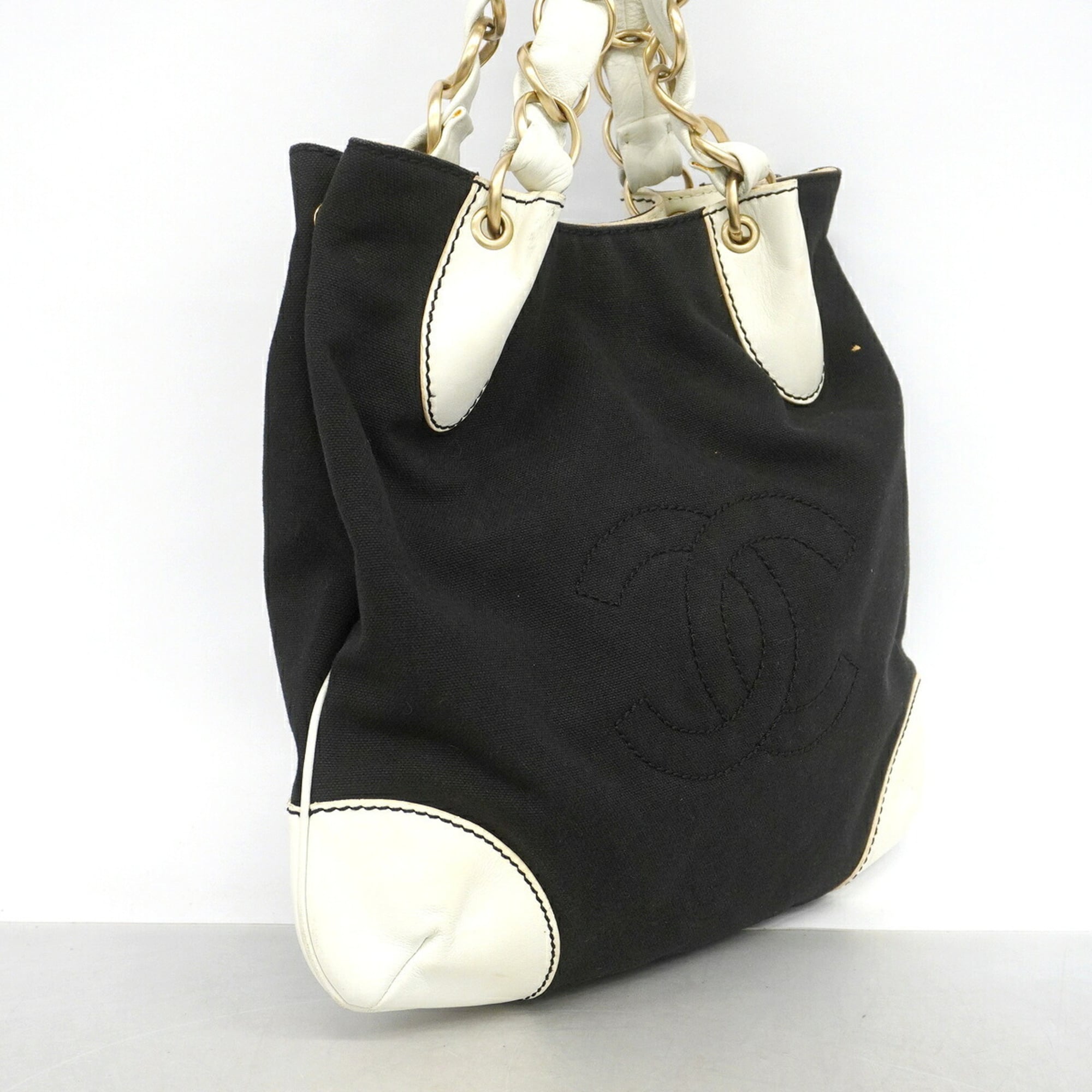 Chanel Black Leather Canvas Tote Bag (Pre-Owned)