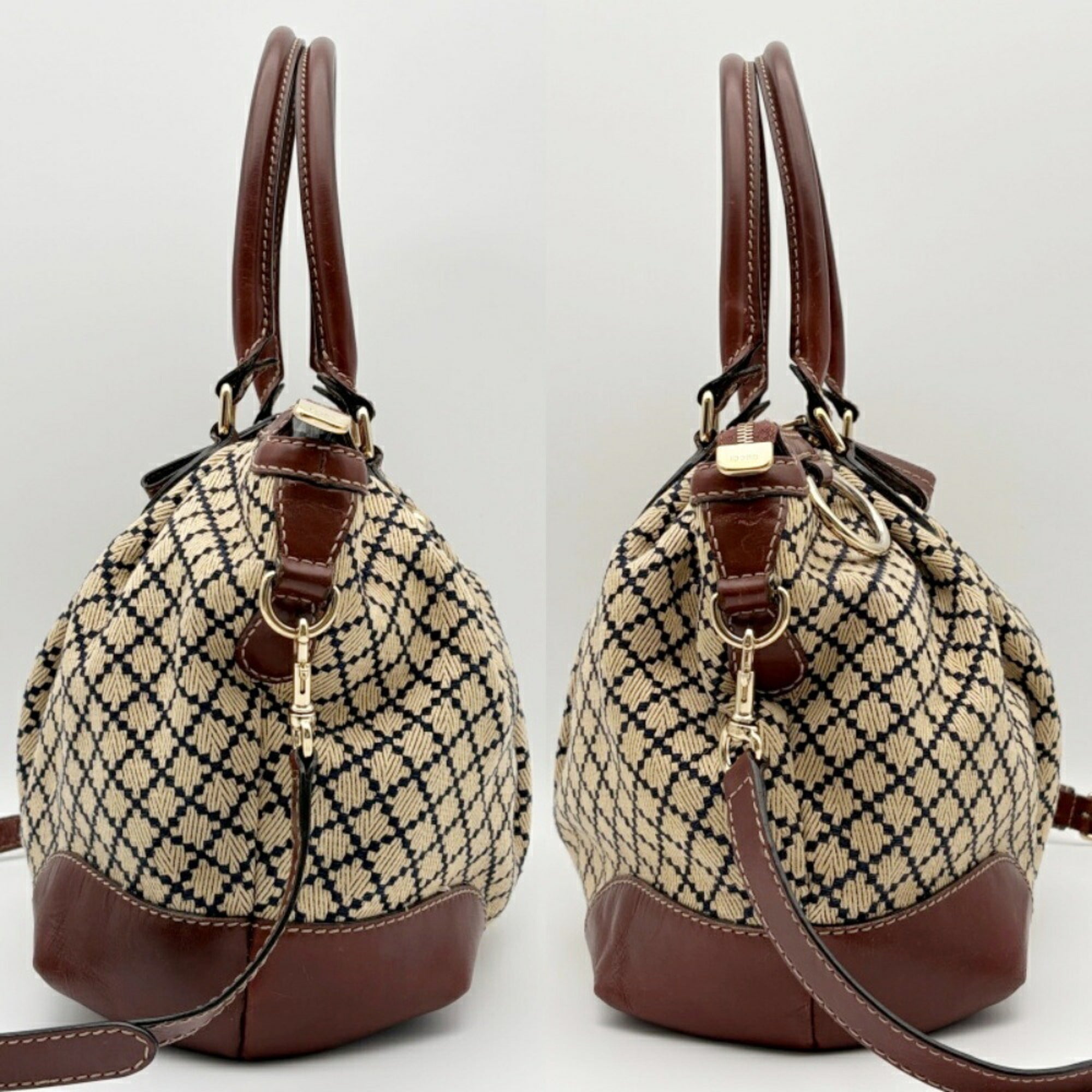 Gucci Beige Brown Canvas Leather Shoulder Bag (Pre-Owned)