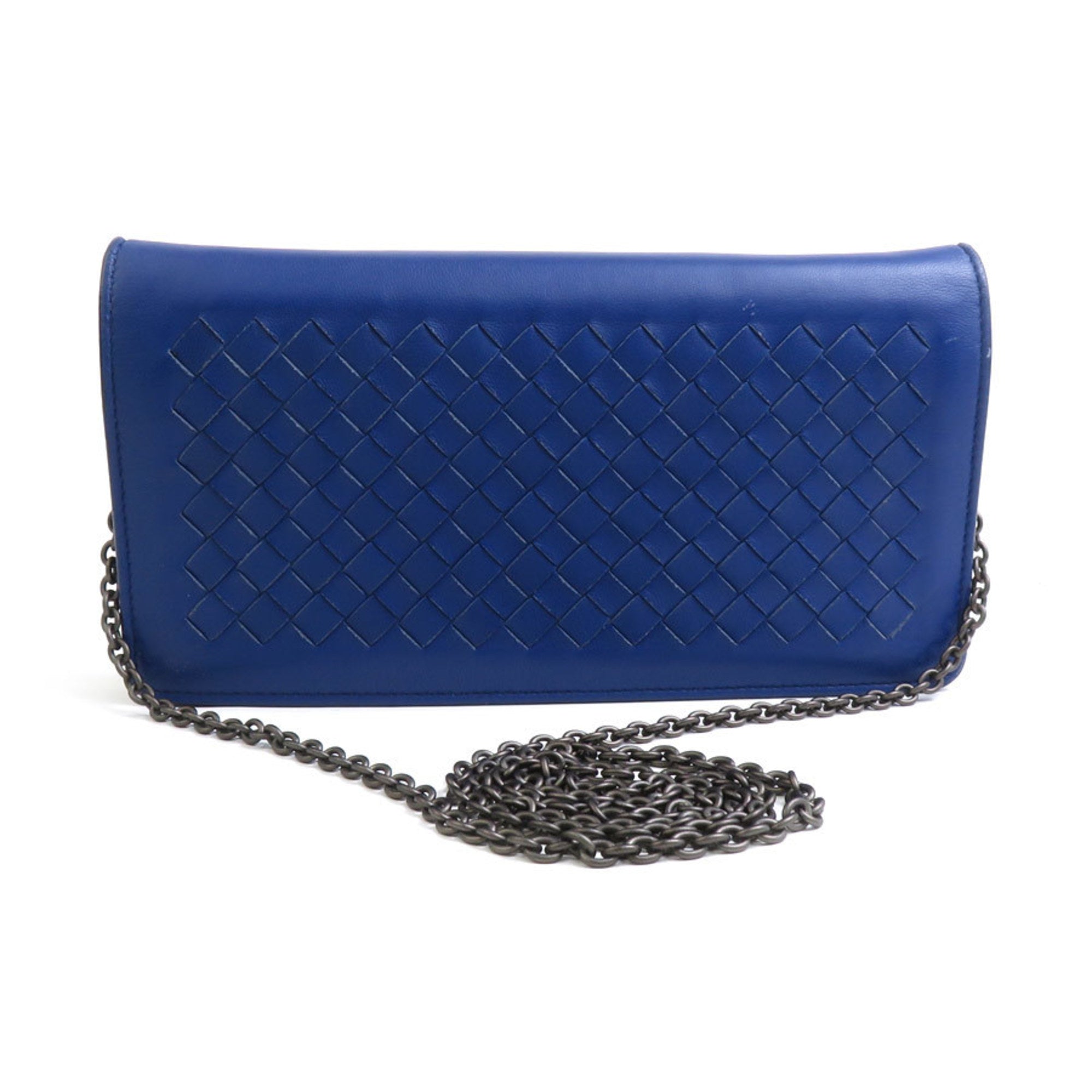 Bottega Veneta Intrecciato Blue Leather Chain/Shoulder Wallet (Pre-Owned)