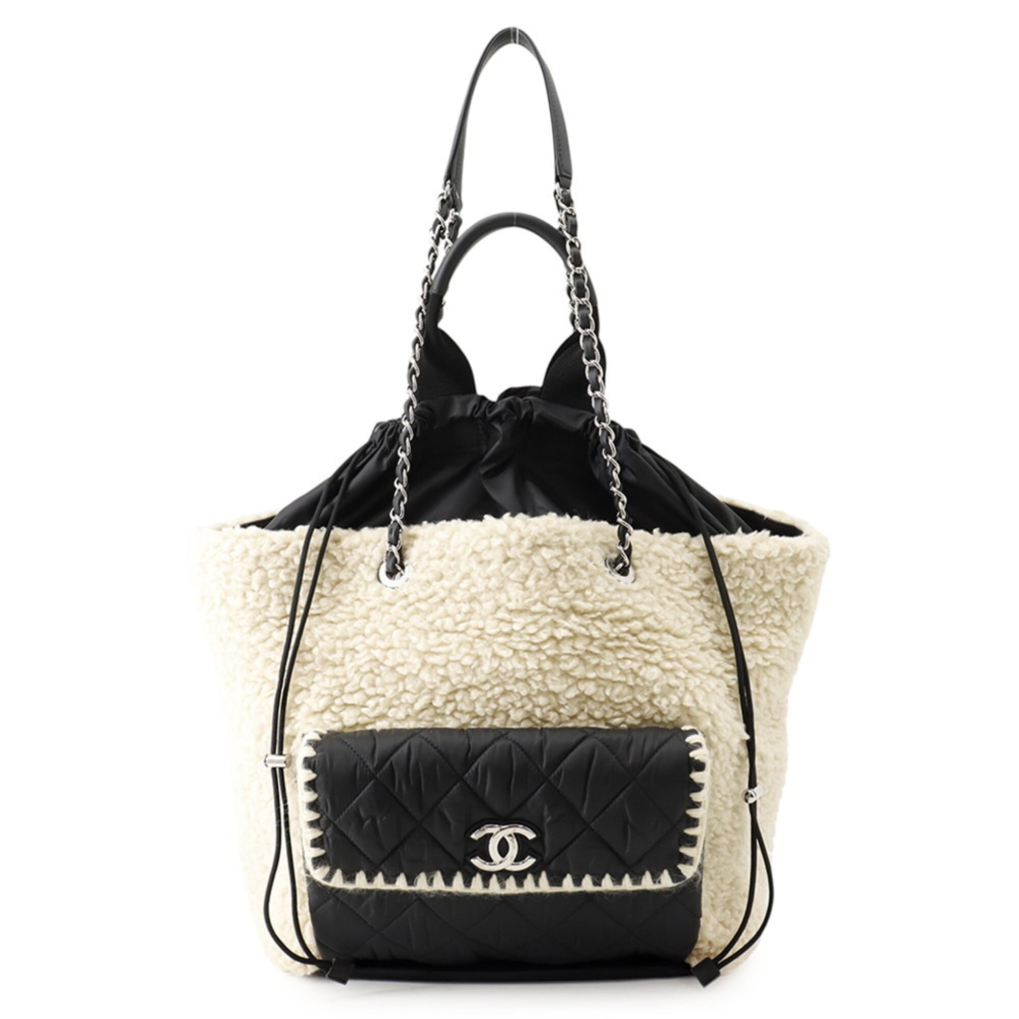 Chanel Matelasse Black Ivory Nylon Leather Handbag Tote Bag (Pre-Owned)