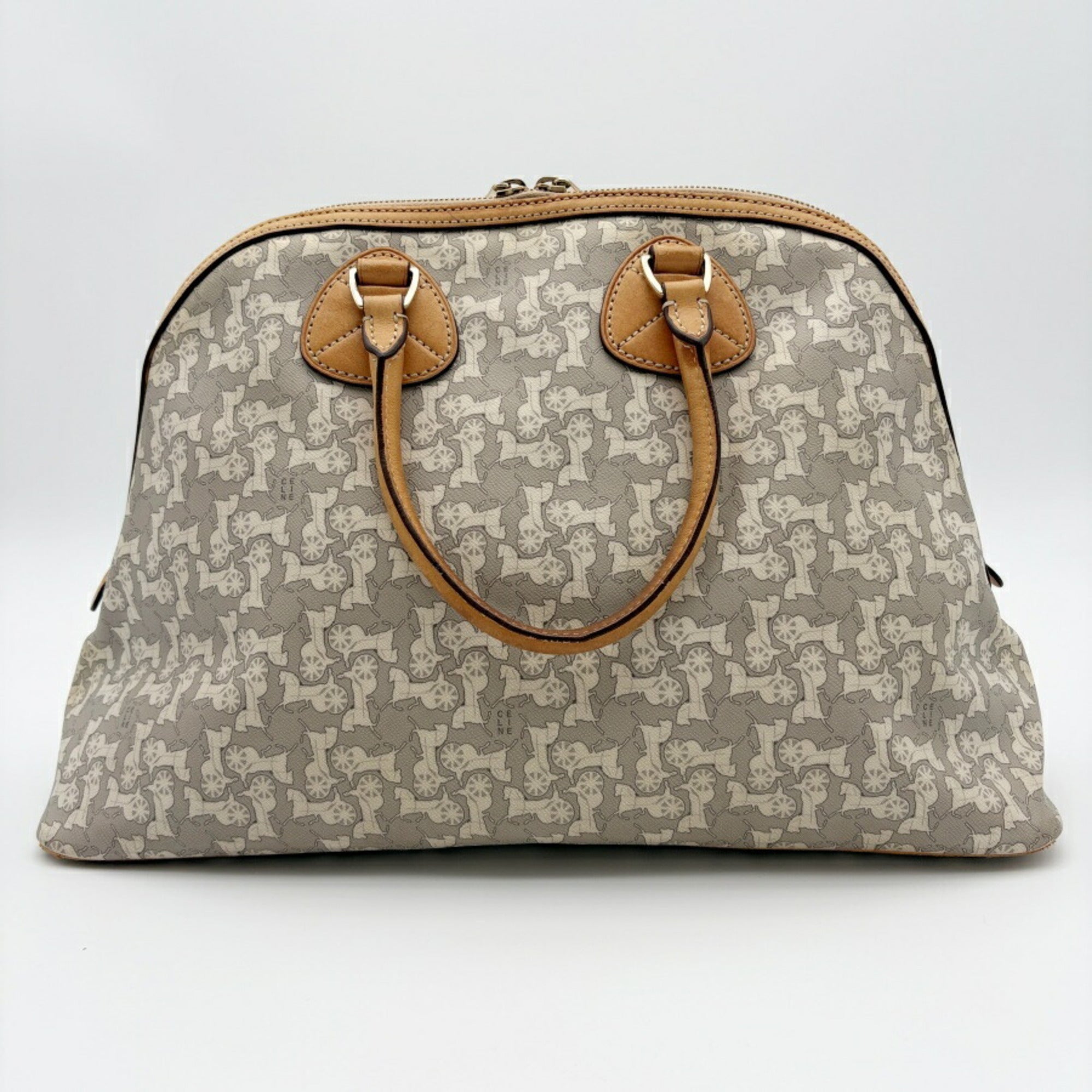 Celine Gray White Pvc Leather Boston Bag Handbag (Pre-Owned)
