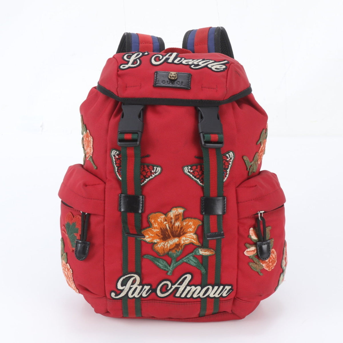 Gucci Red Color Leather Canvas Backpack Shoulder Bag (Pre-Owned)