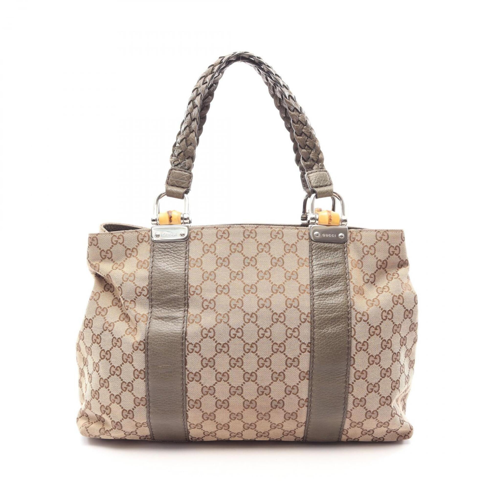 Gucci Beige Khaki Canvas Leather Handbag Tote Bag (Pre-Owned)