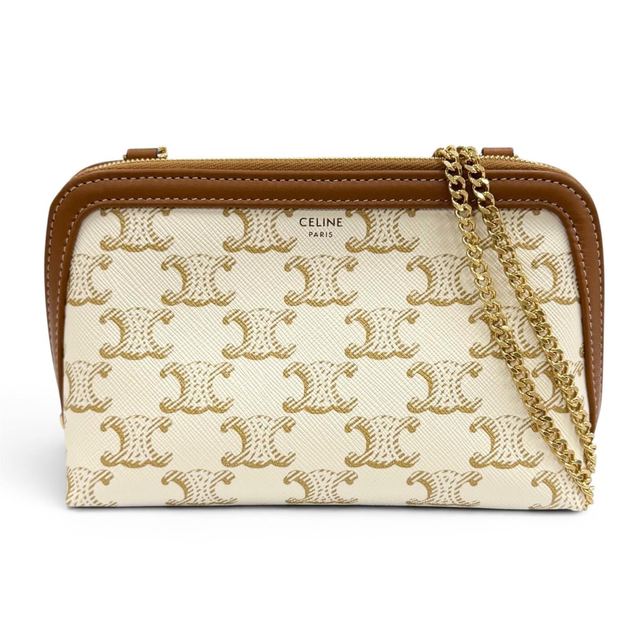 Celine Brown Off-White Canvas Clutch Bag Shoulder Bag (Pre-Owned)