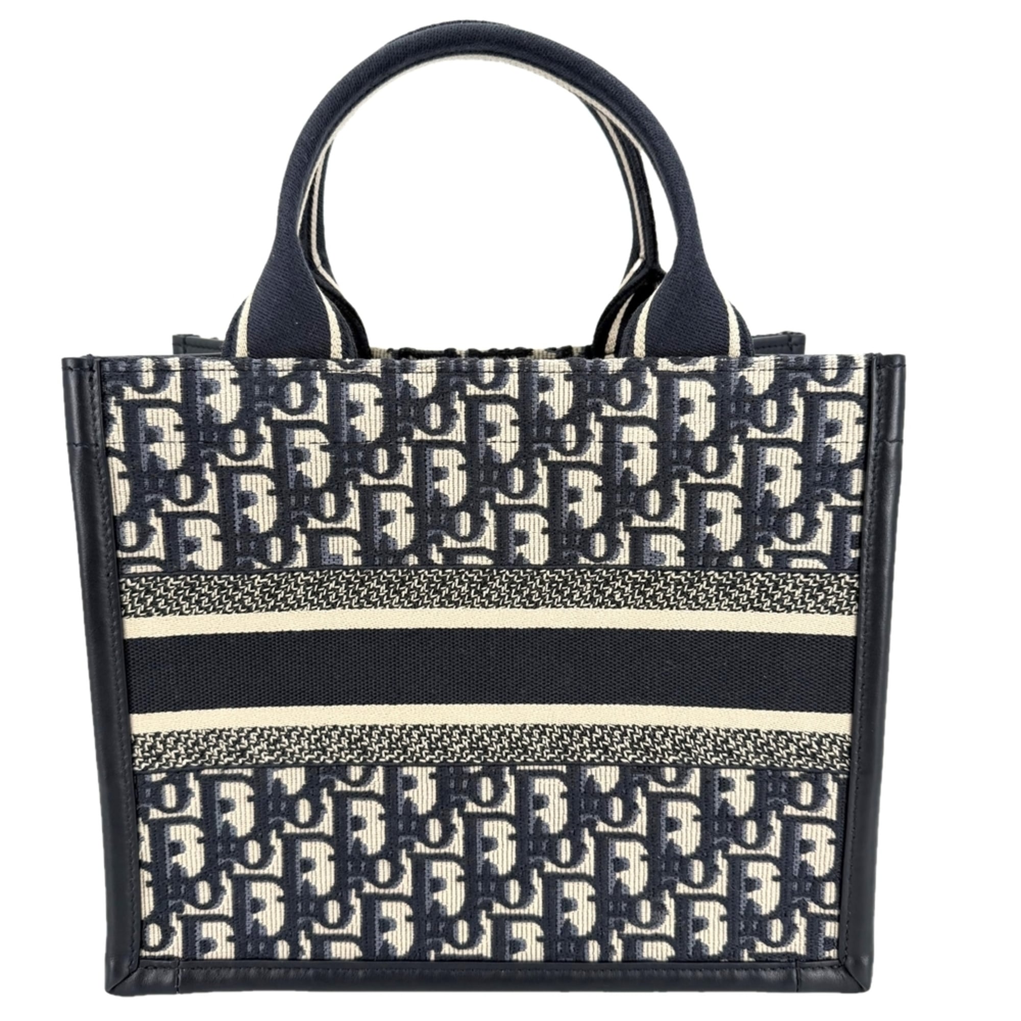 Christian Dior Beige Navy Cotton Canvas Leather Shoulder Bag Tote Bag (Pre-Owned)