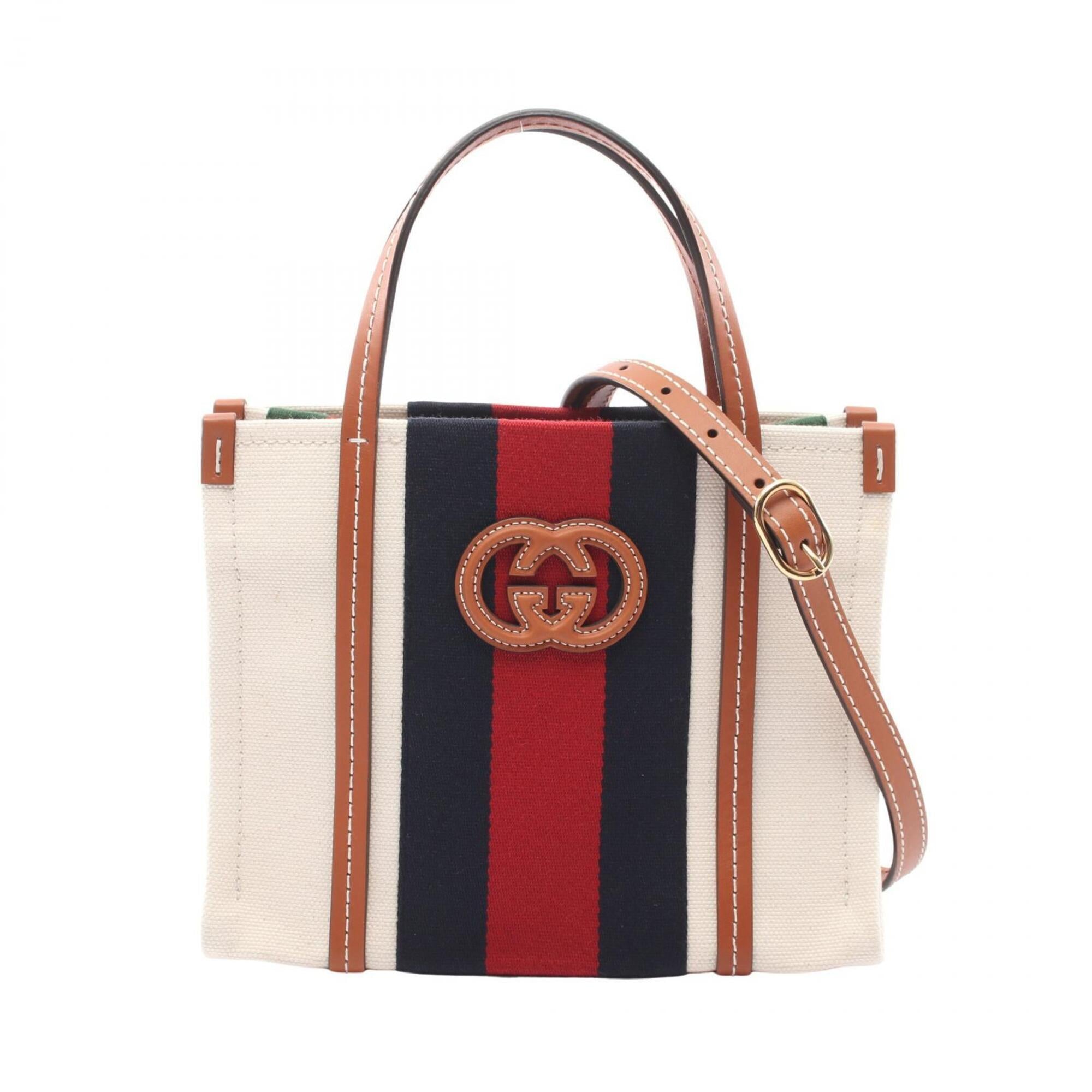 Gucci Brown Multi-Color White Canvas Leather Handbag Tote Bag (Pre-Owned)