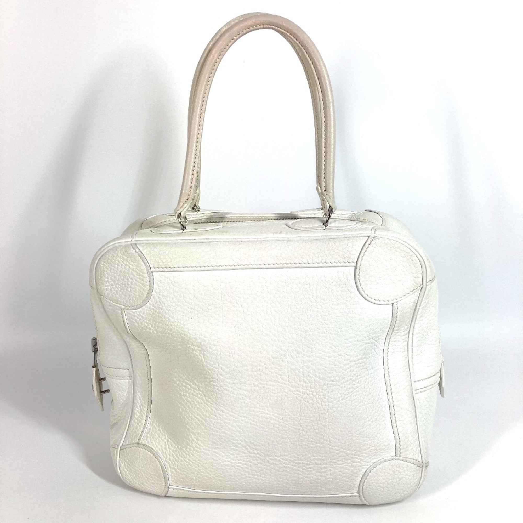 Hermes White Leather Boston Bag Handbag (Pre-Owned)