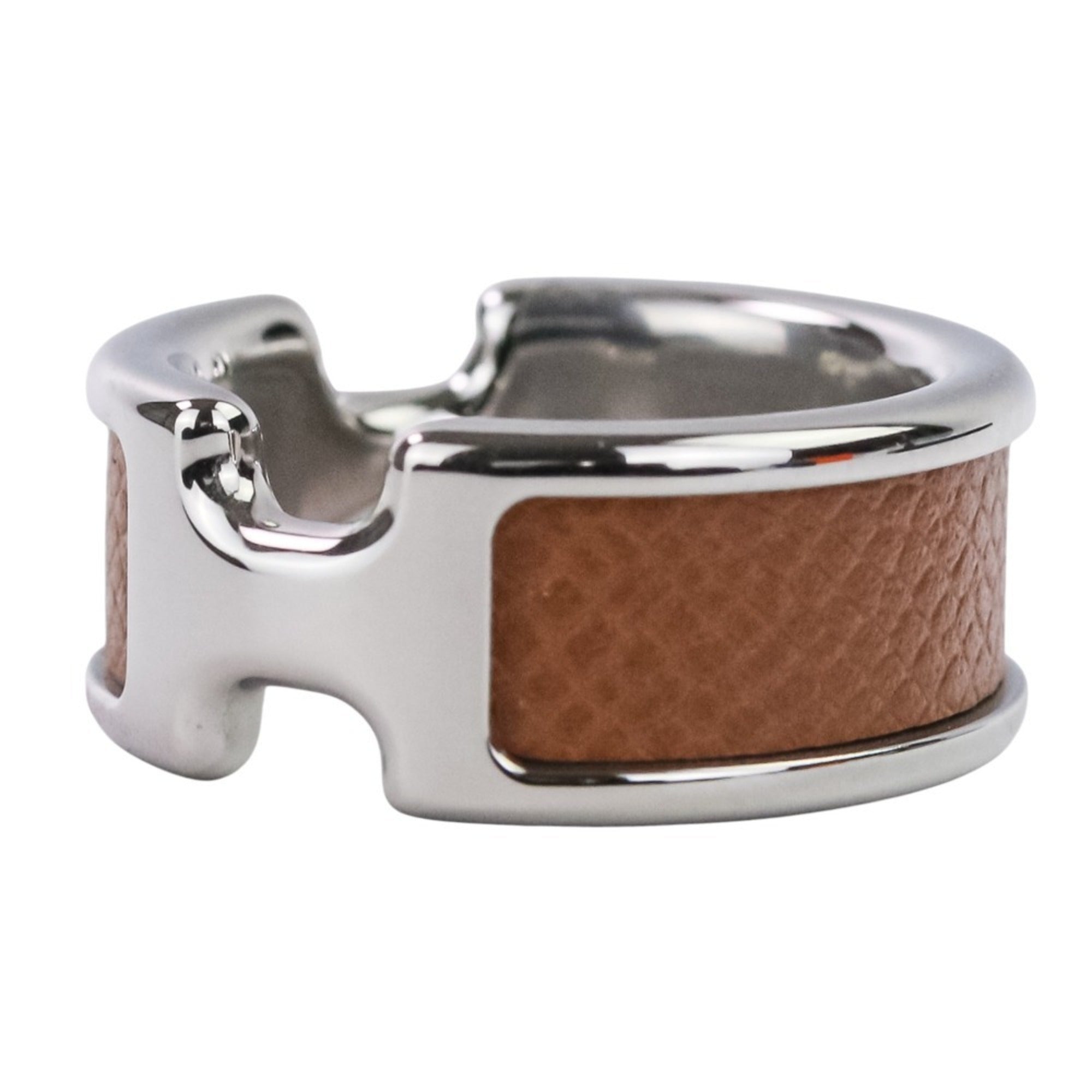 Hermes Silver Brown Leather Metal Band Ring (Pre-Owned)