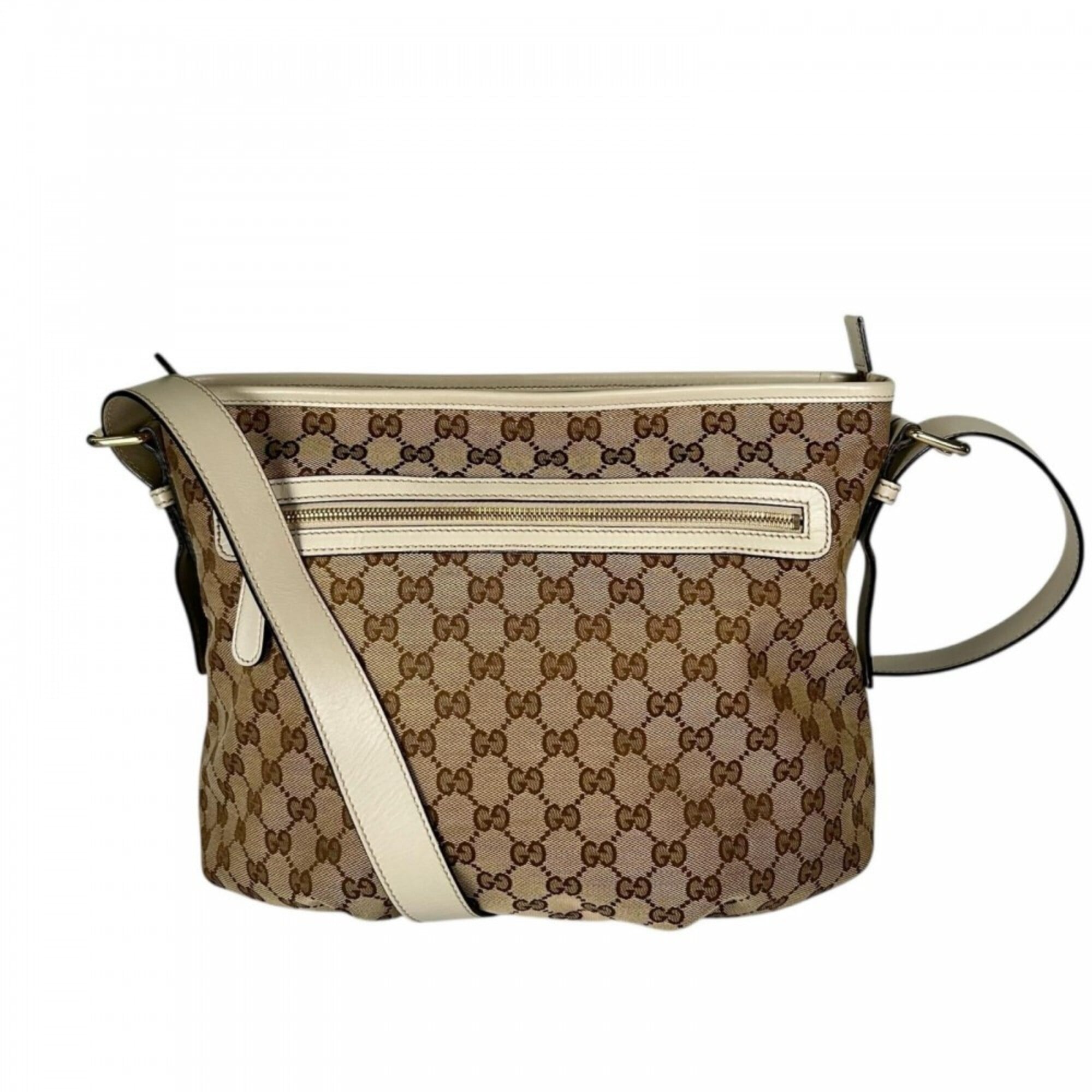 Gucci Beige Beige Gold Gg Canvas Shoulder Bag (Pre-Owned)