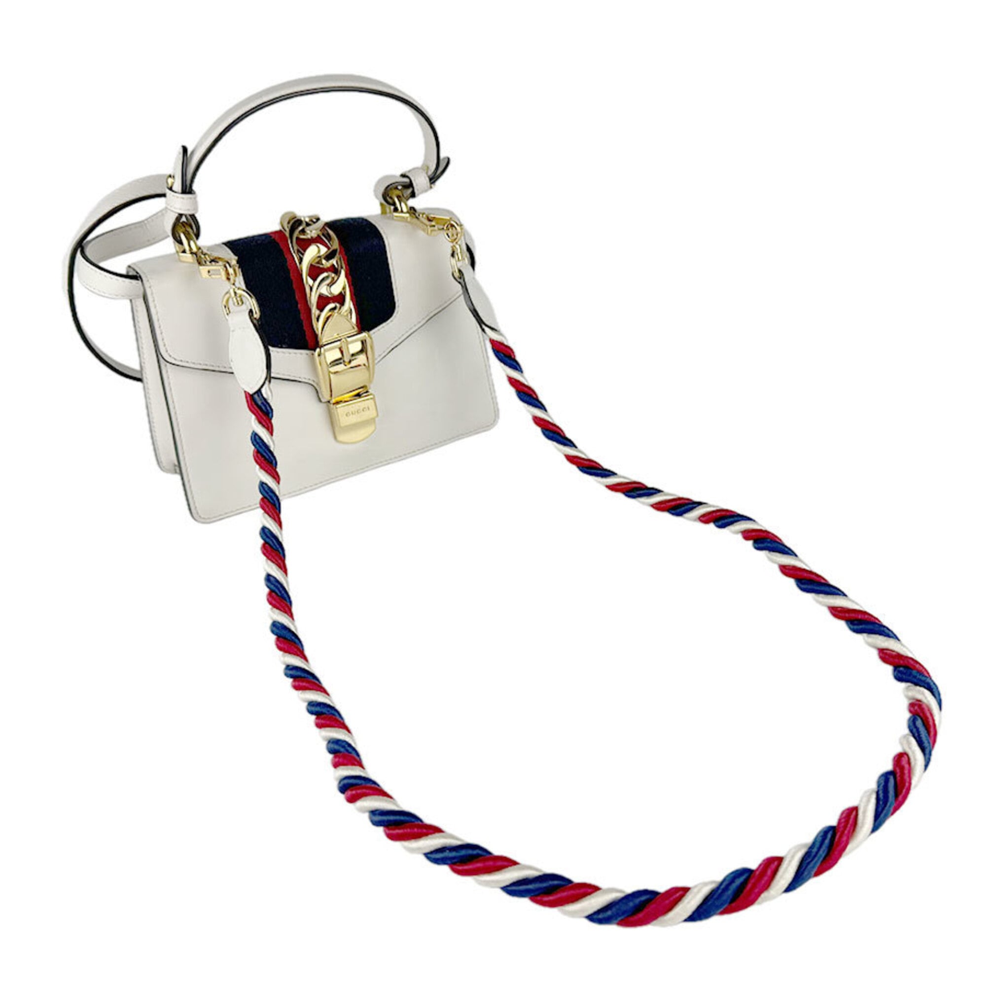 Gucci Navy Red Color White Leather Shoulder Bag (Pre-Owned)