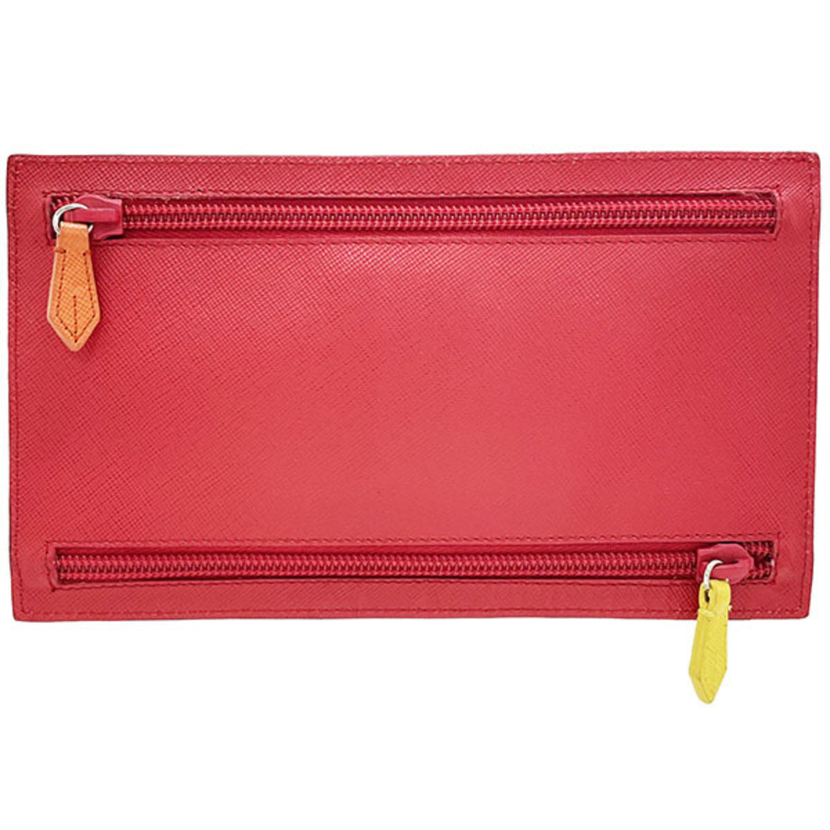 Prada Black Multi-Color Orange Red Color White Yellow Leather Saffiano Pouch (Pre-Owned)