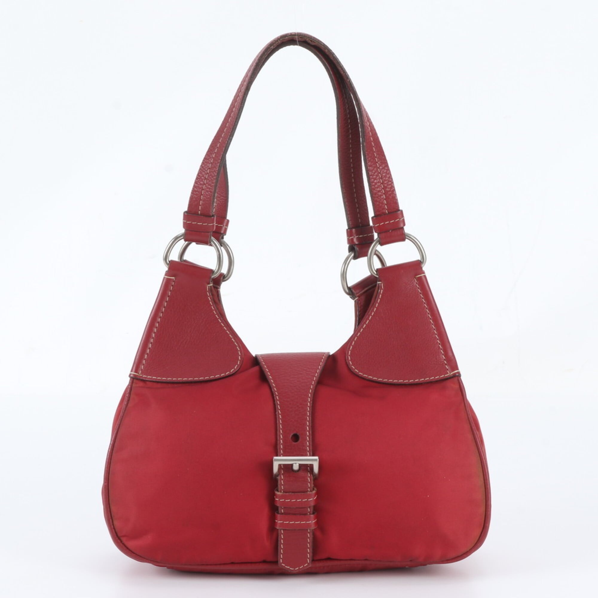 Prada Red Color Leather Nylon Handbag Shoulder Bag Tote Bag (Pre-Owned)