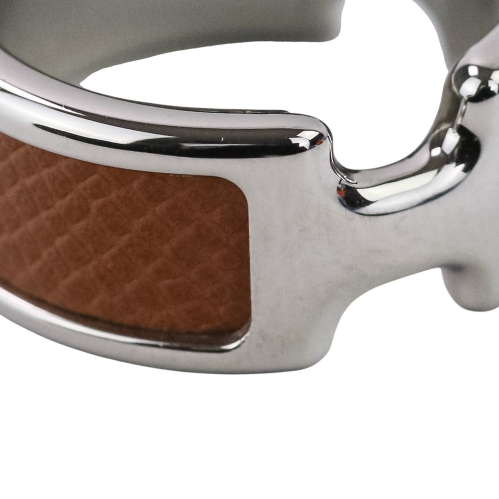 Hermes Silver Brown Leather Metal Band Ring (Pre-Owned)