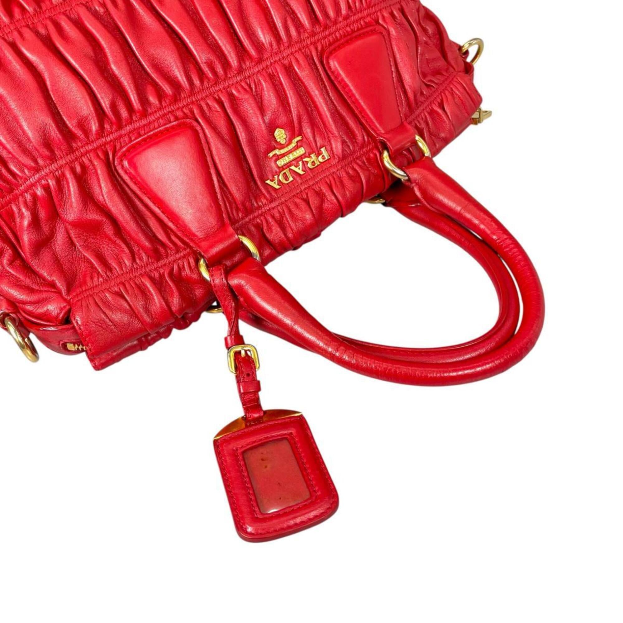Prada Red Color Nappa Leather Shoulder Bag Tote Bag (Pre-Owned)