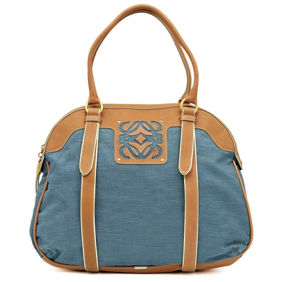 Loewe Beige Blue Nylon Leather Boston Bag Tote Bag (Pre-Owned)