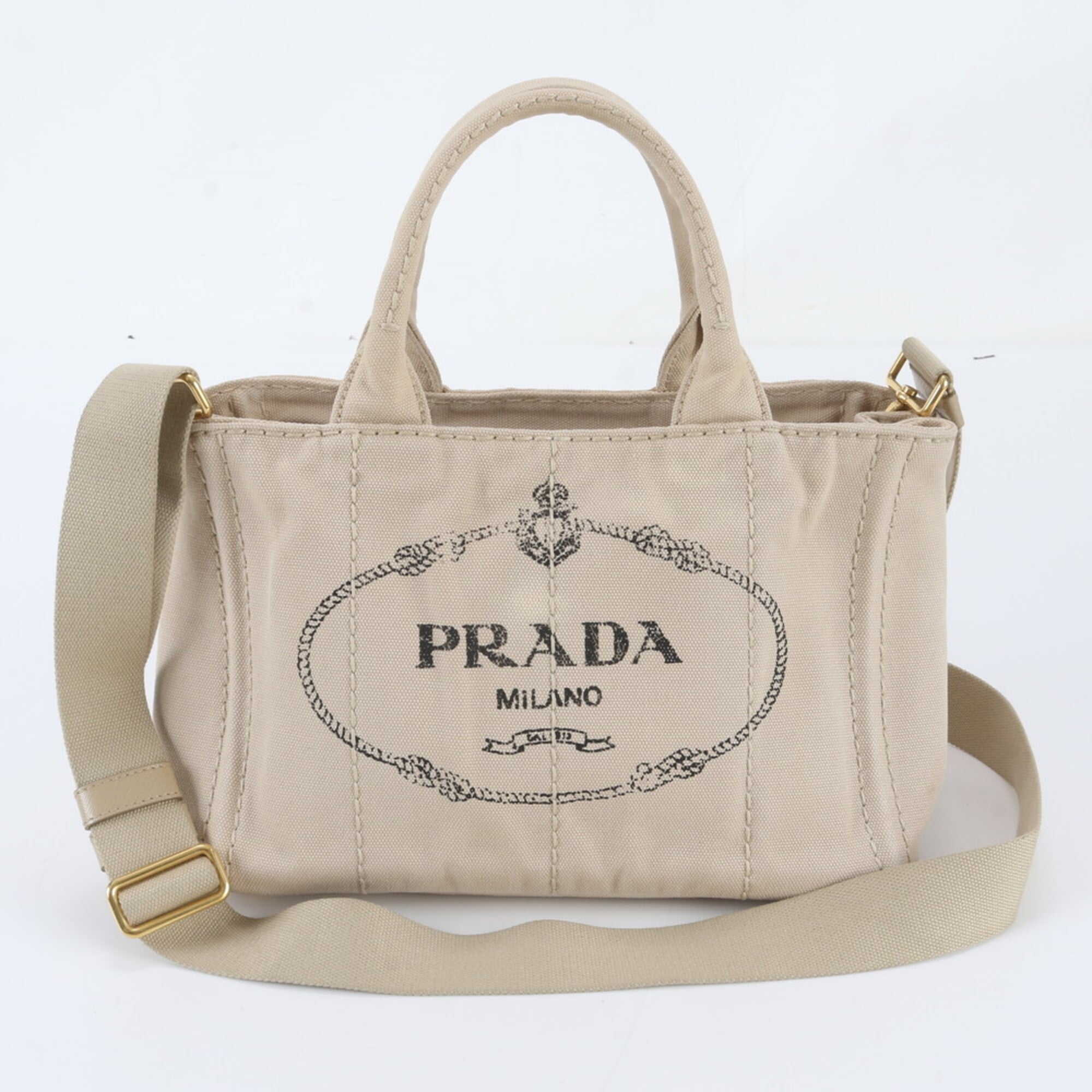Prada Beige Leather Canvas Handbag Shoulder Bag Tote Bag (Pre-Owned)