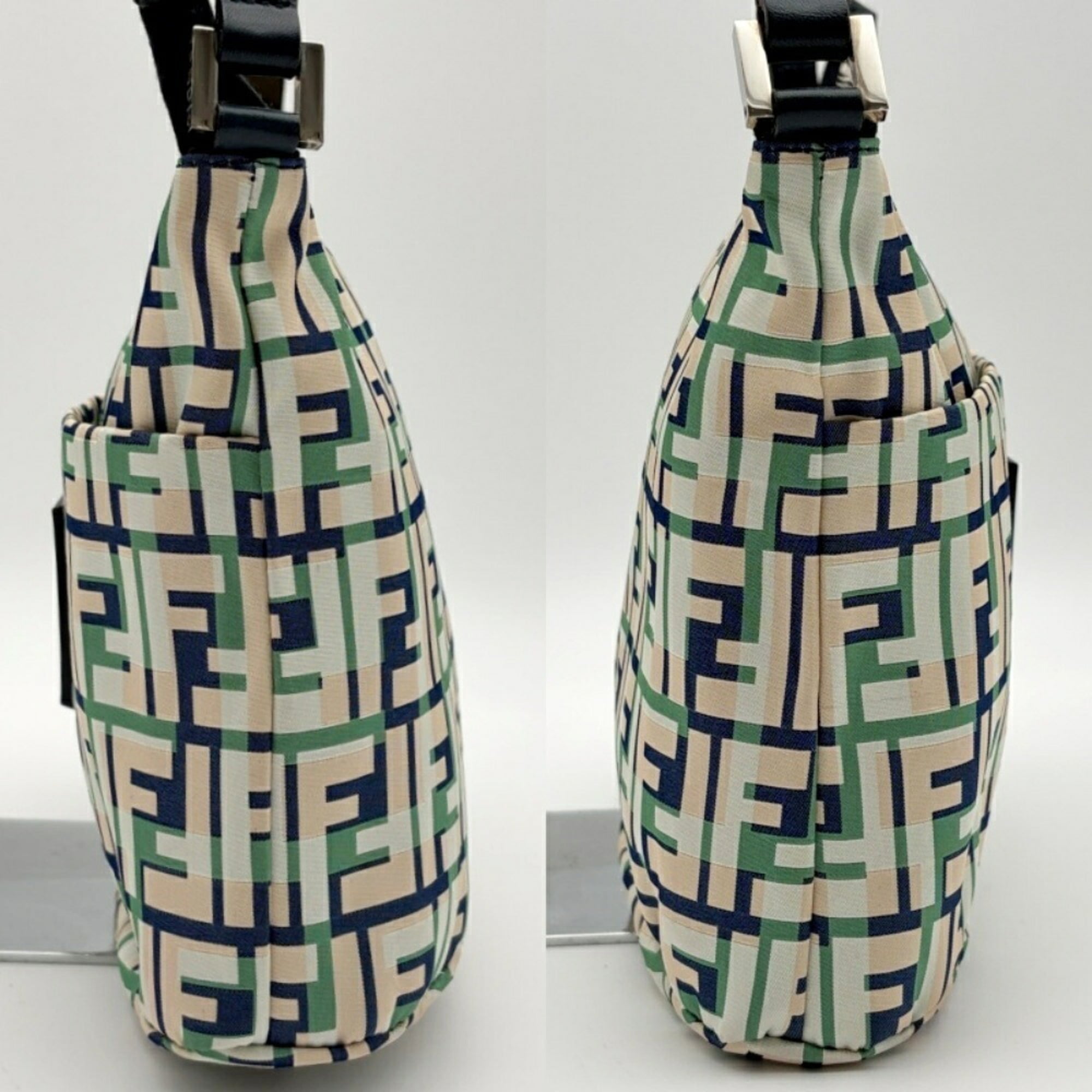 Fendi Beige Green Ivory Navy Zucca Nylon Canvas Leather Shoulder Bag (Pre-Owned)