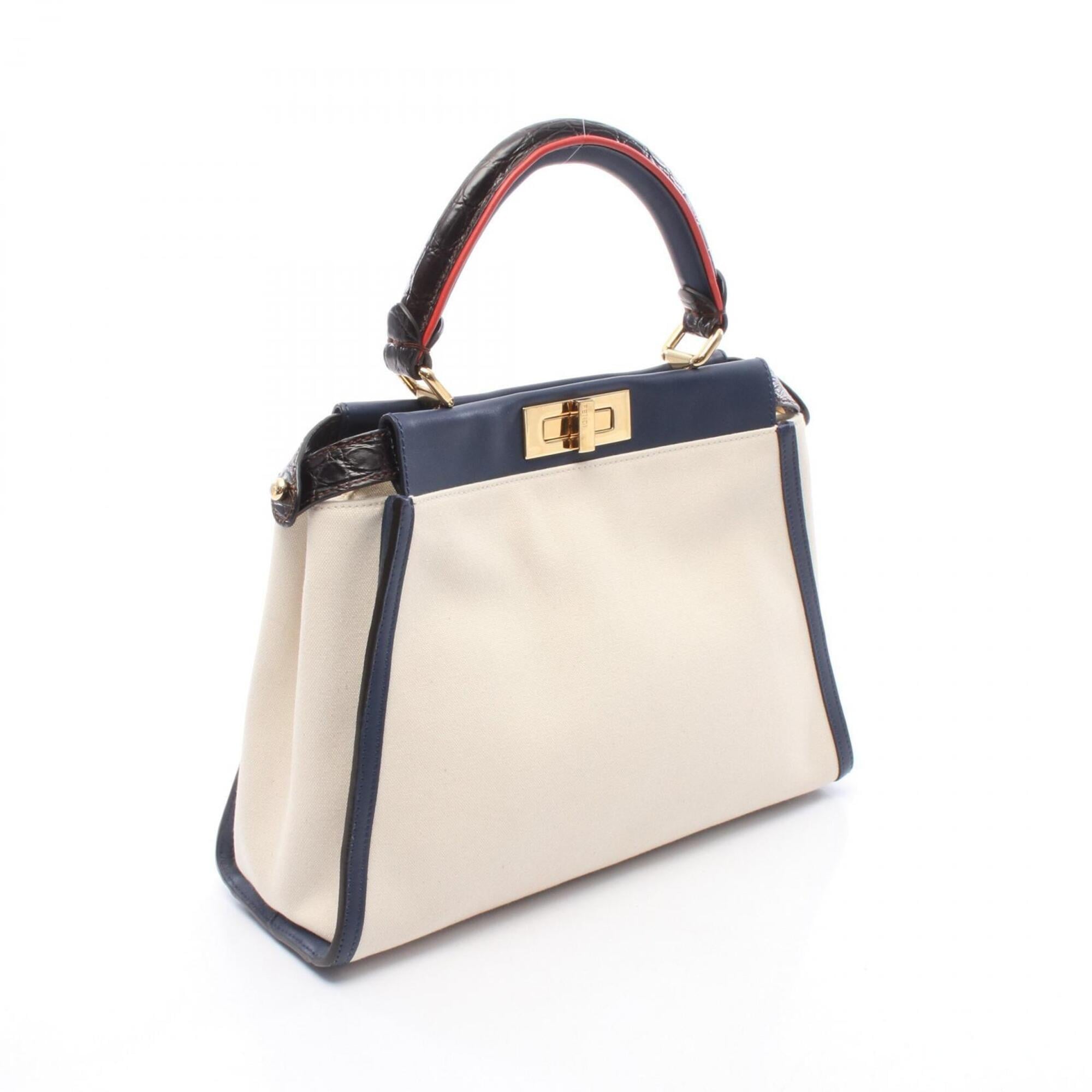 Fendi Ivory Navy Red Color Canvas Knit Handbag (Pre-Owned)