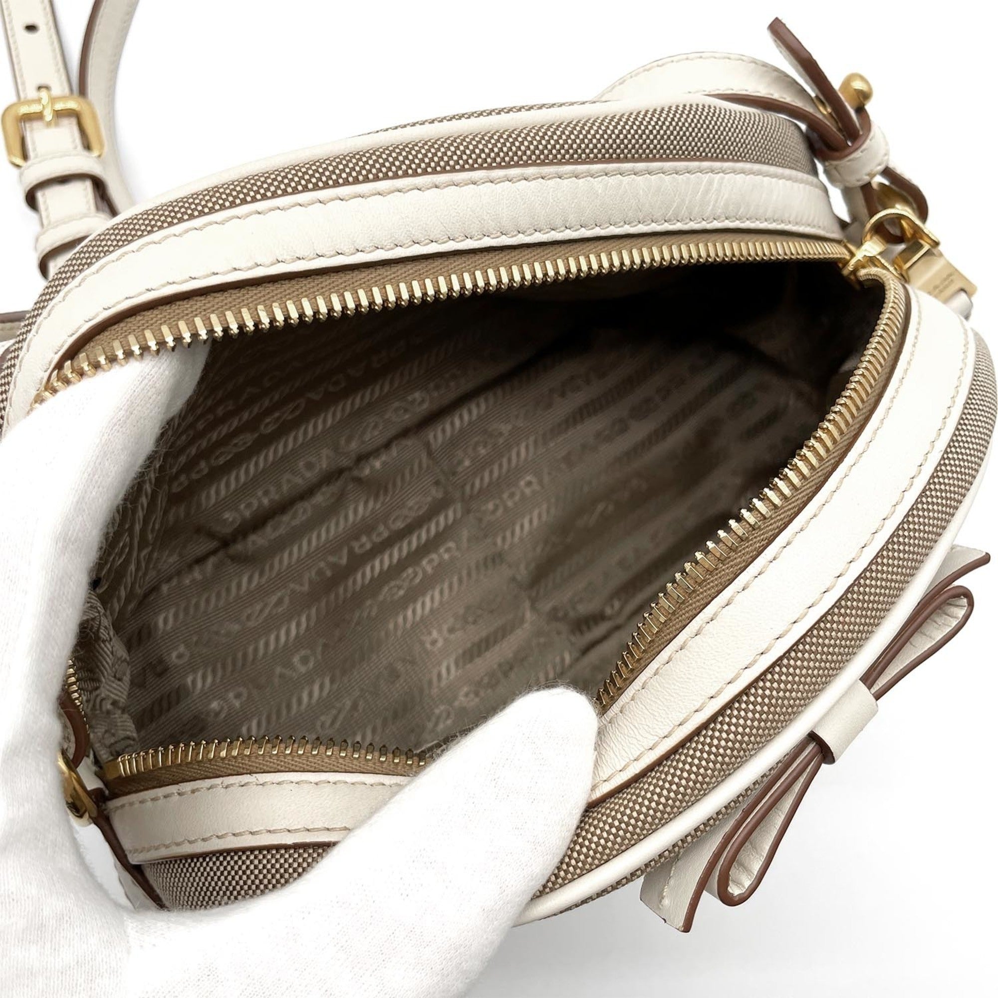 Prada Brown White Canvas Leather Shoulder Bag (Pre-Owned)