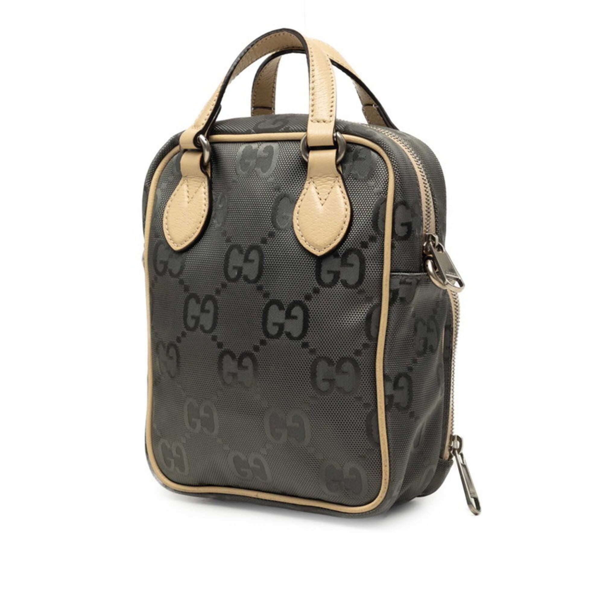 Gucci Gray Beige Nylon Leather Handbag Shoulder Bag (Pre-Owned)