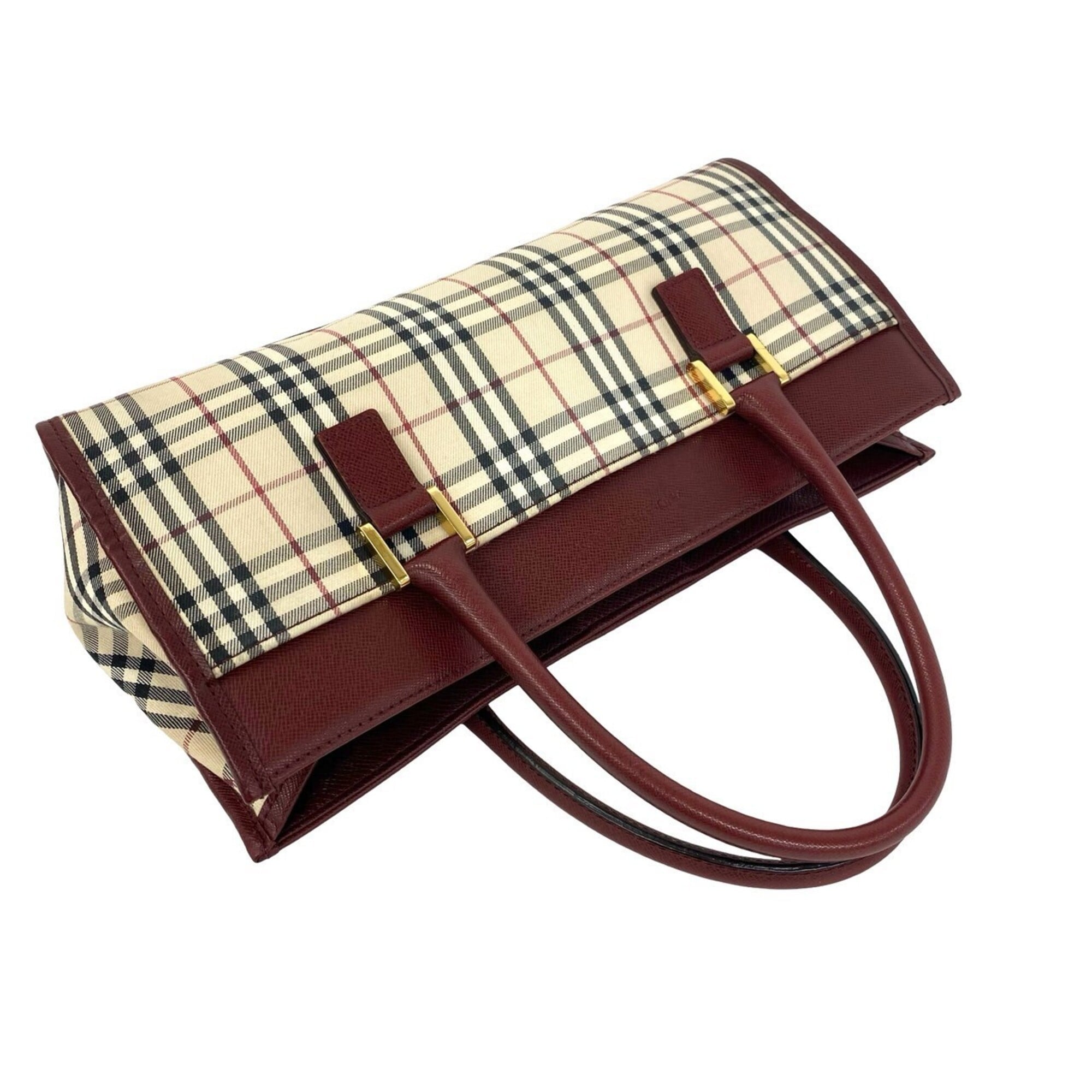 Burberry Beige Bordeaux Canvas Leather Handbag Tote Bag (Pre-Owned)