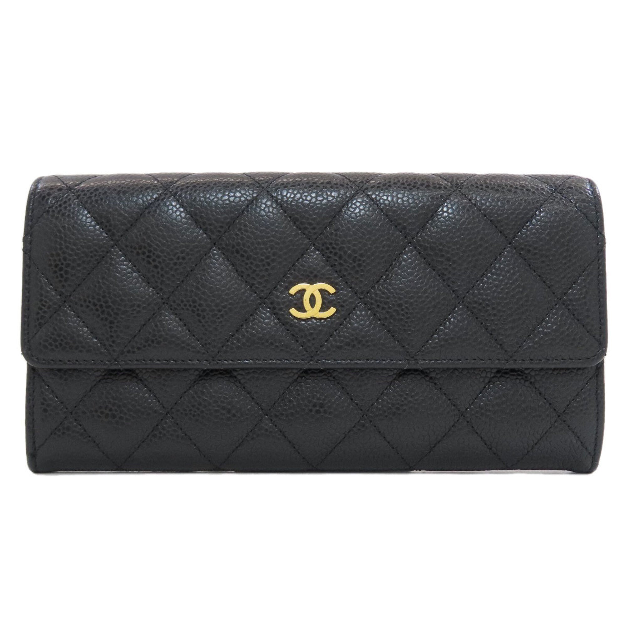 Chanel Matelasse Black Leather Long Wallet (Bi-Fold) (Pre-Owned)