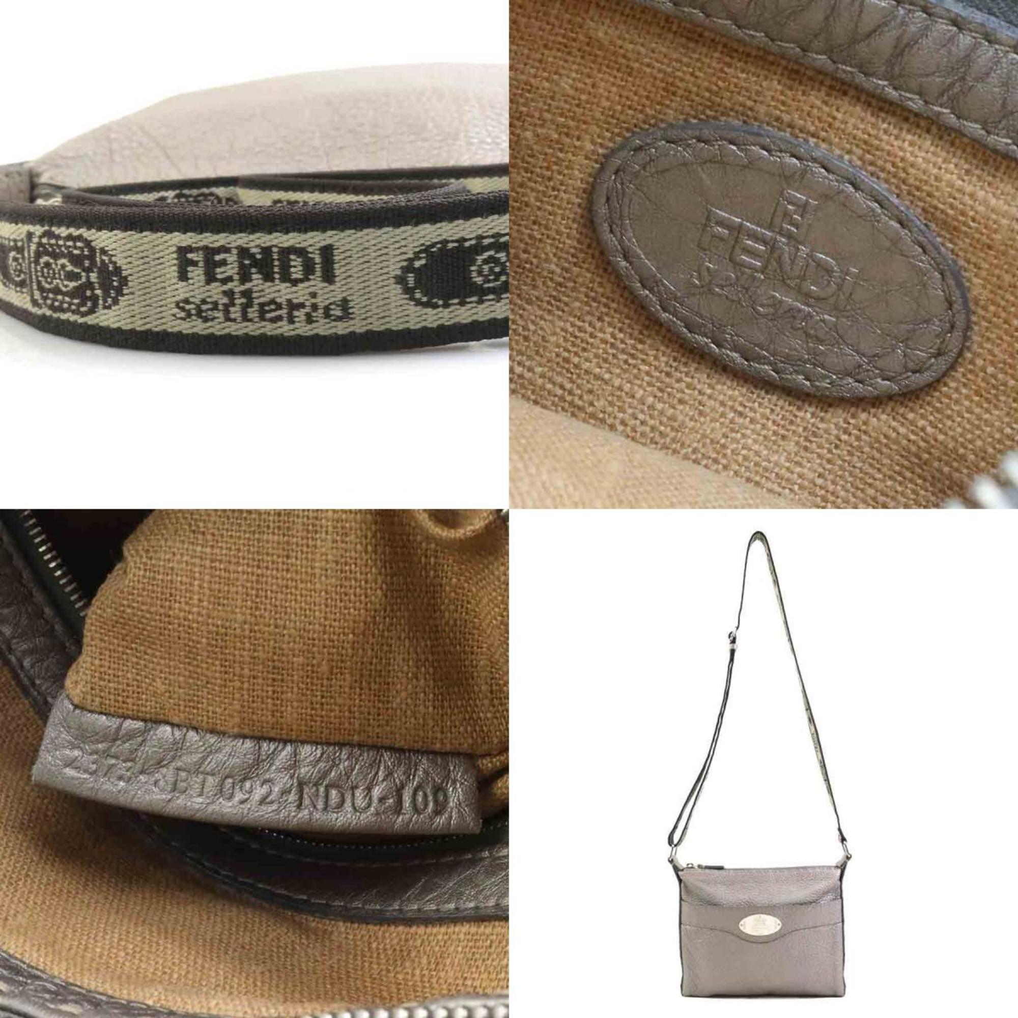 Fendi Metallic Gray Leather Canvas Shoulder Bag (Pre-Owned)