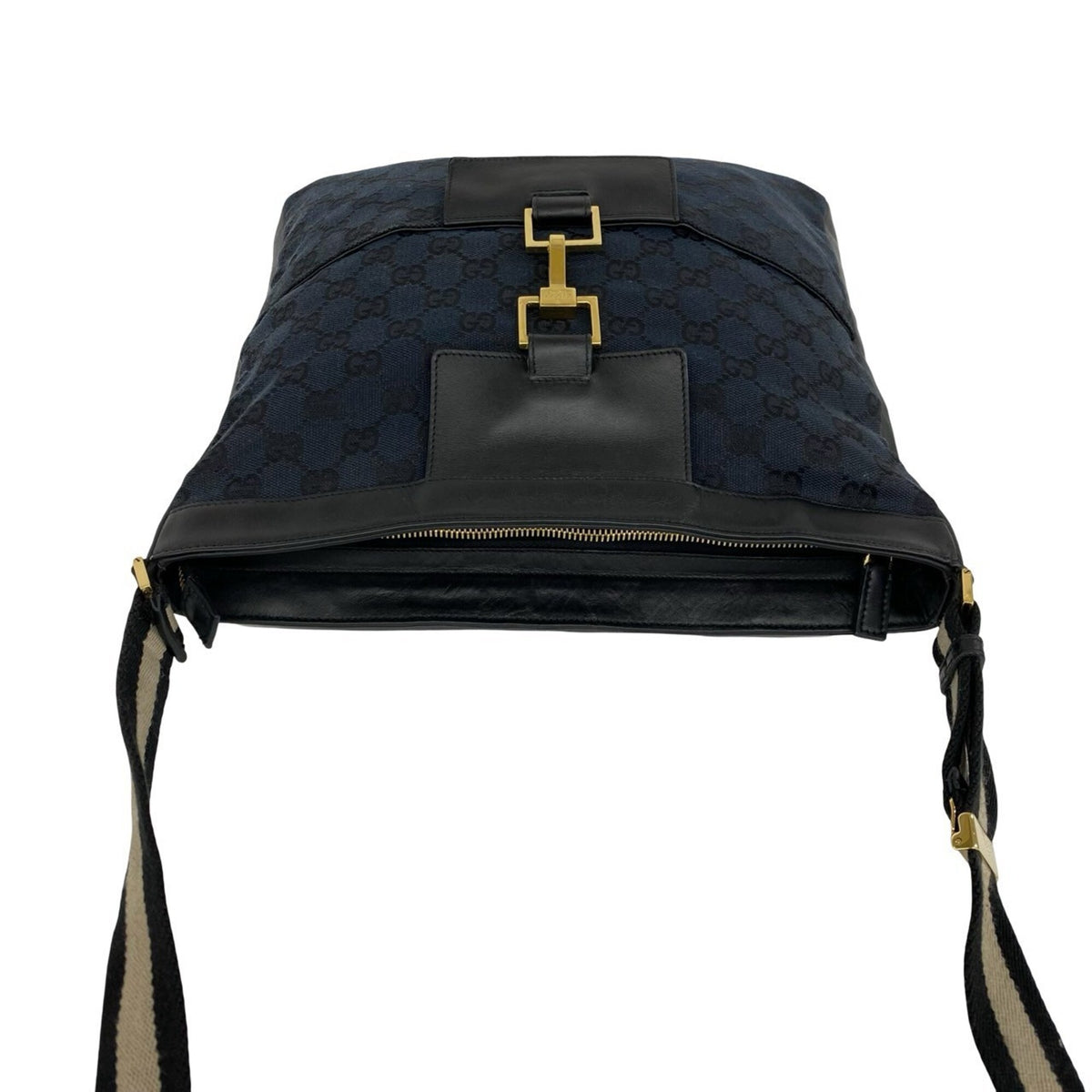 Gucci Black Navy Canvas Leather Shoulder Bag Tote Bag (Pre-Owned)