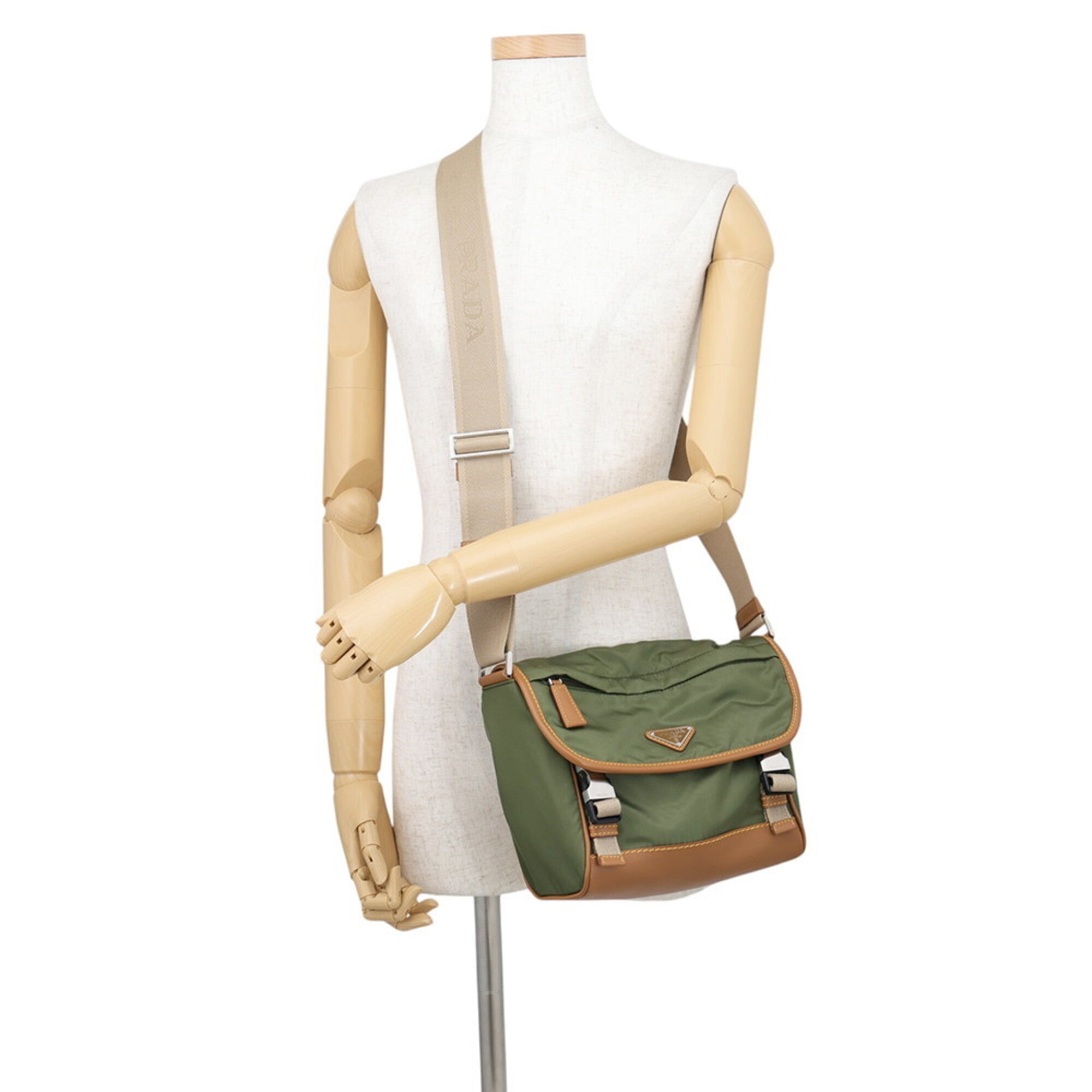 Prada Saffiano Green Nylon Leather Handbag Shoulder Bag (Pre-Owned)