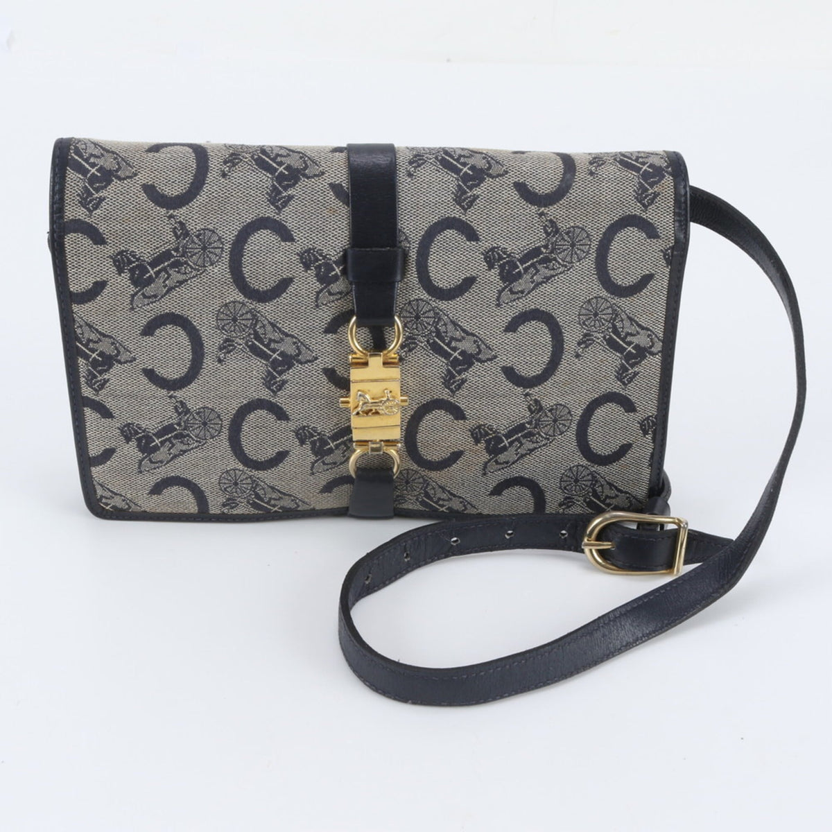 Celine Navy Leather Canvas Crossbody Bag Shoulder Bag (Pre-Owned)