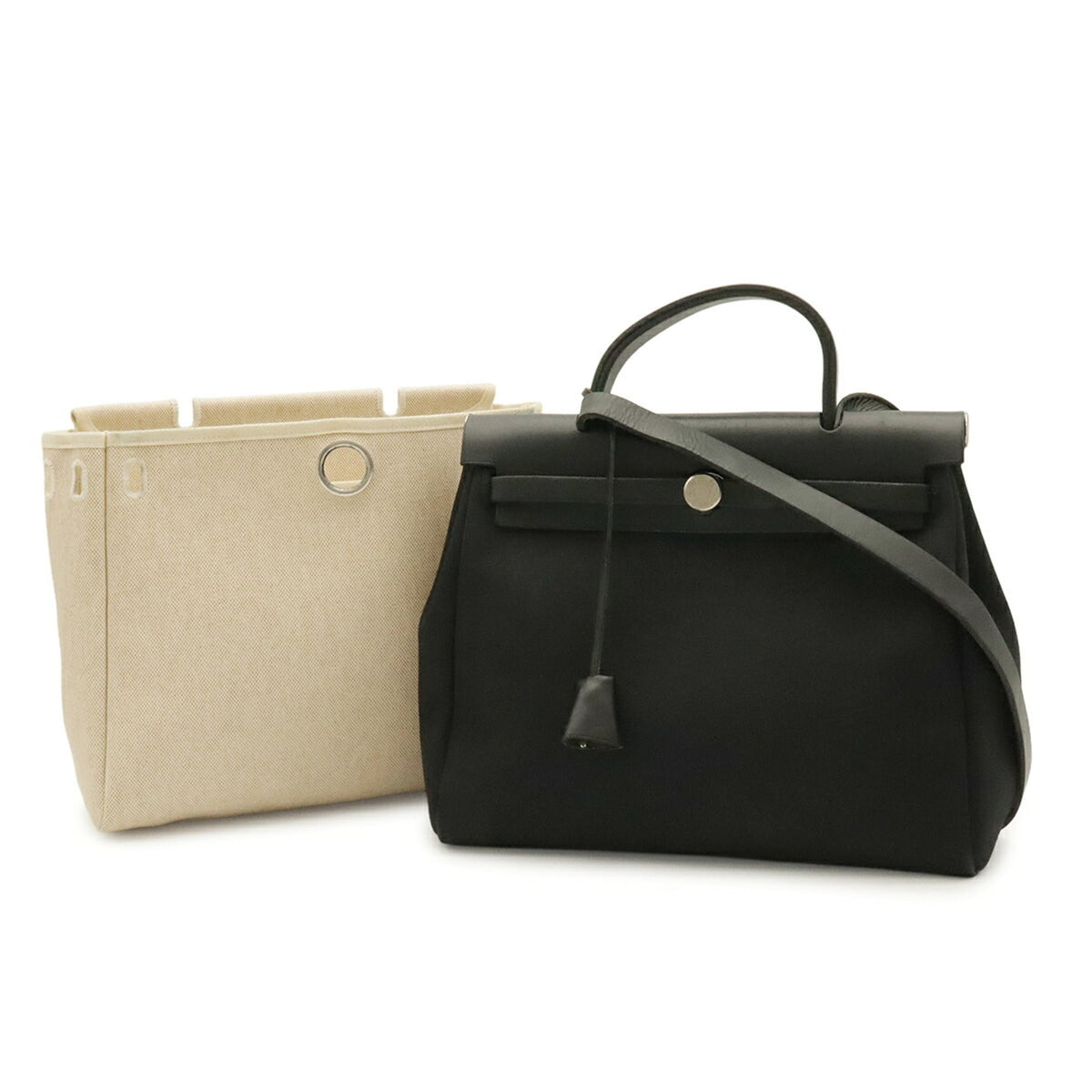 Hermes Black Natural Toile Officier Handbag Shoulder Bag (Pre-Owned)