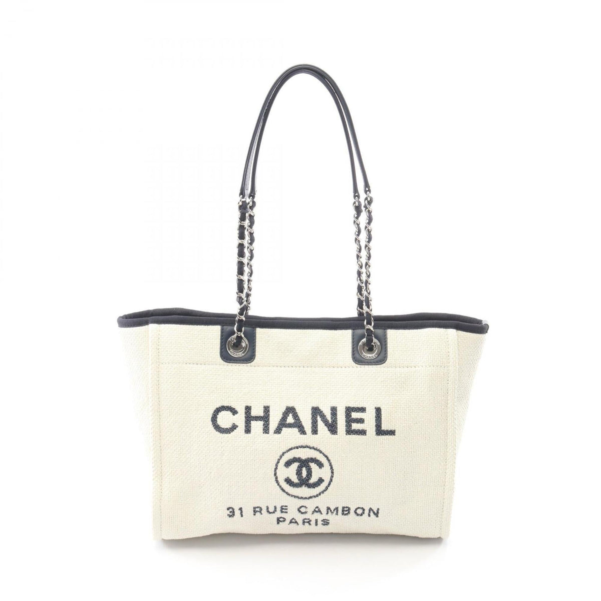 Chanel Navy White Leather Straw Handbag Tote Bag (Pre-Owned)