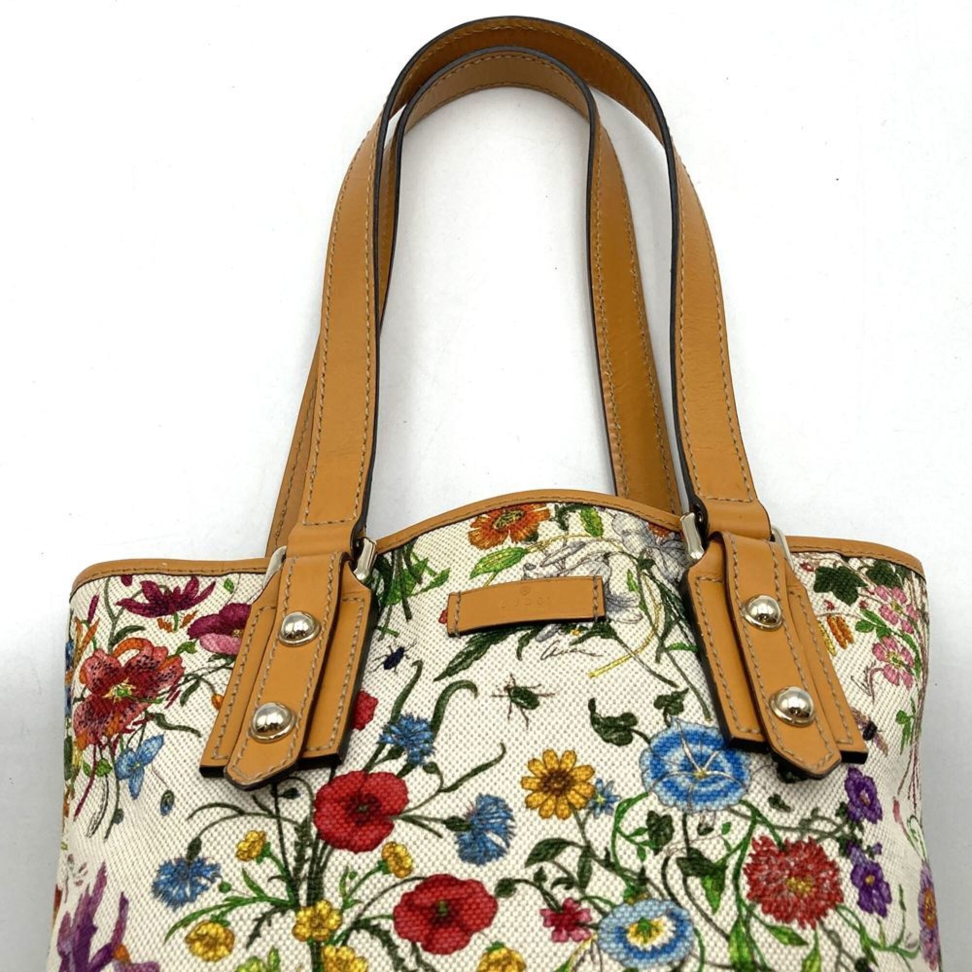Gucci Flora Brown Orange Canvas Leather Handbag Tote Bag (Pre-Owned)