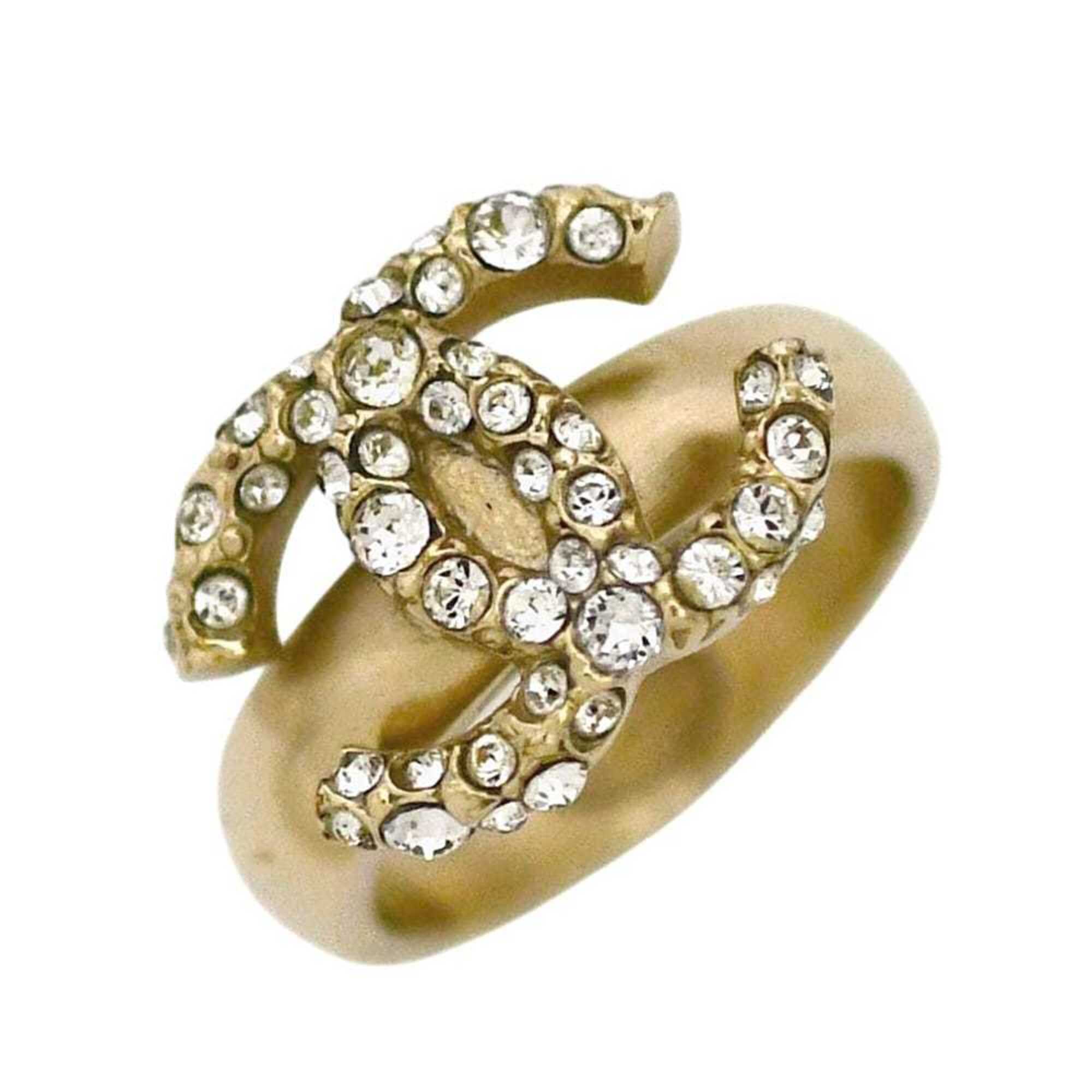 Chanel Gold Gold Plating Rhinestone Band Ring (Pre-Owned)